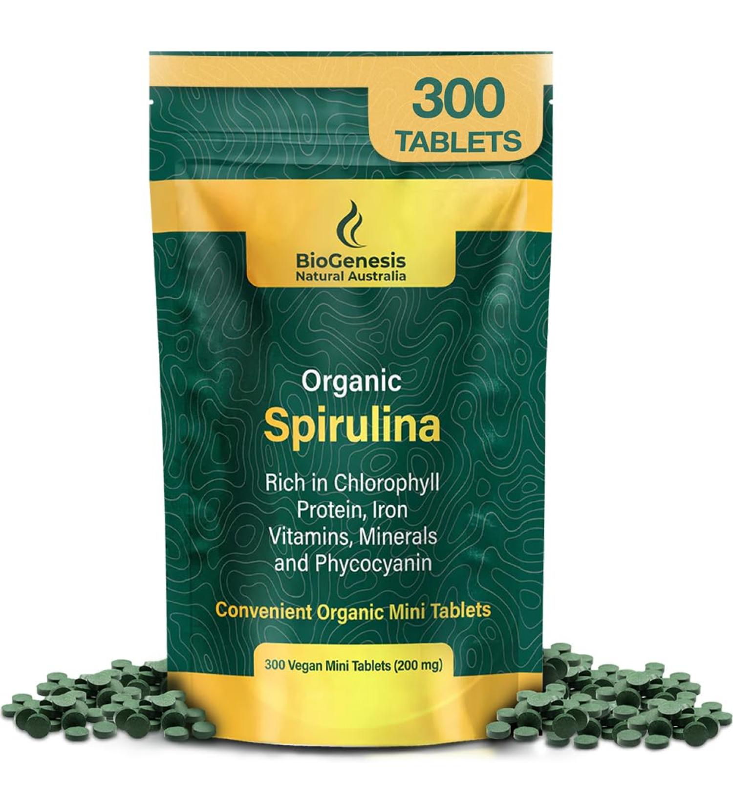 Biogenesis Organic Spirulina Mini Tablets 300 Count (200 mg) | Australian Grown Blue-Green Algae | Rich in Phycocyanin Chlorophyll & B Vitamins | Supports Daily Energy & Immunity | Vegan Mini Tabs 300 Count (Pack of 1) - Buy Online on GoSupps.com