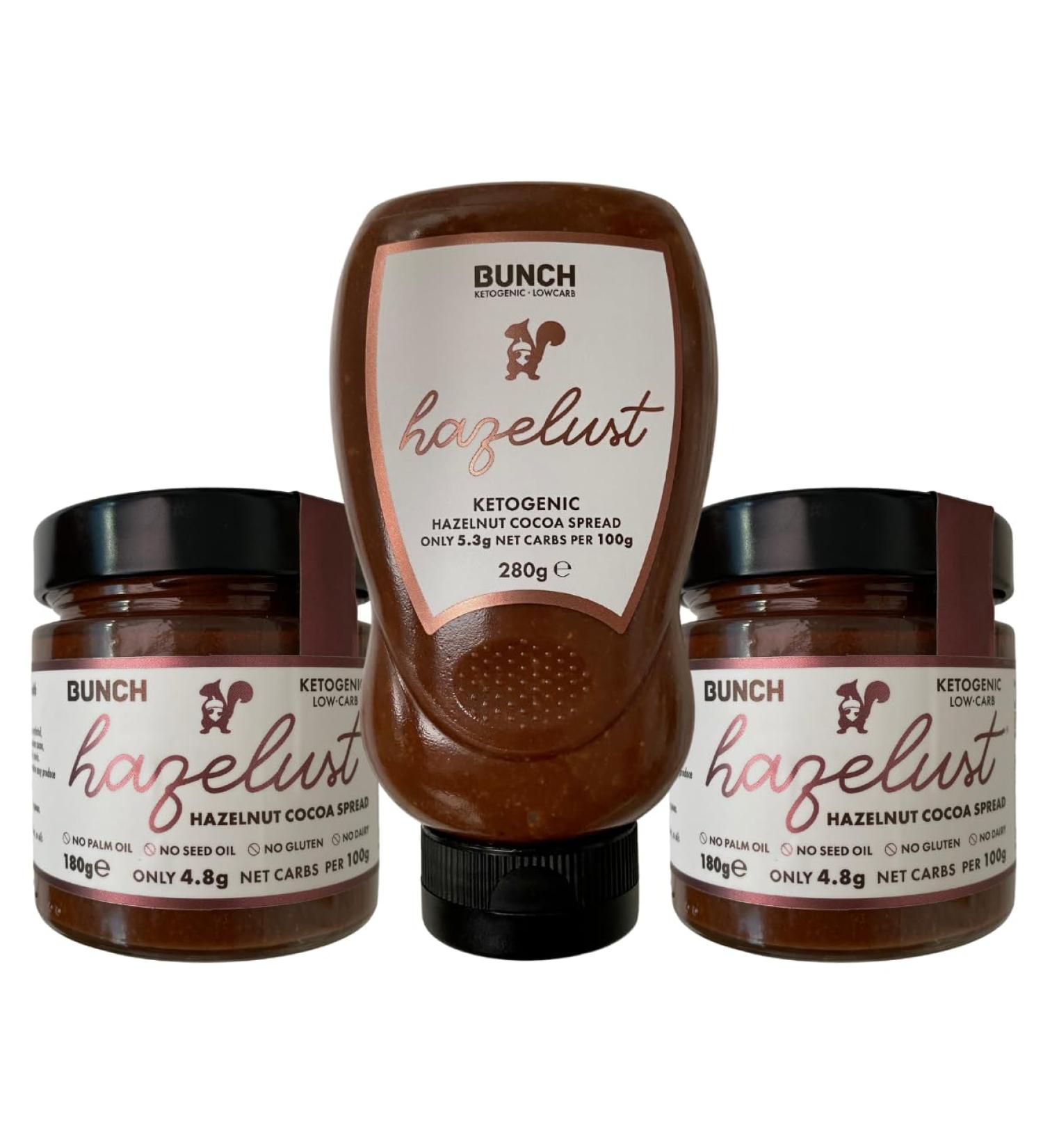 Hazelust Bundle (280g Squeeze + 2x 180g Jar) - Low Carb & Keto Hazelnut and Cocoa Spread.