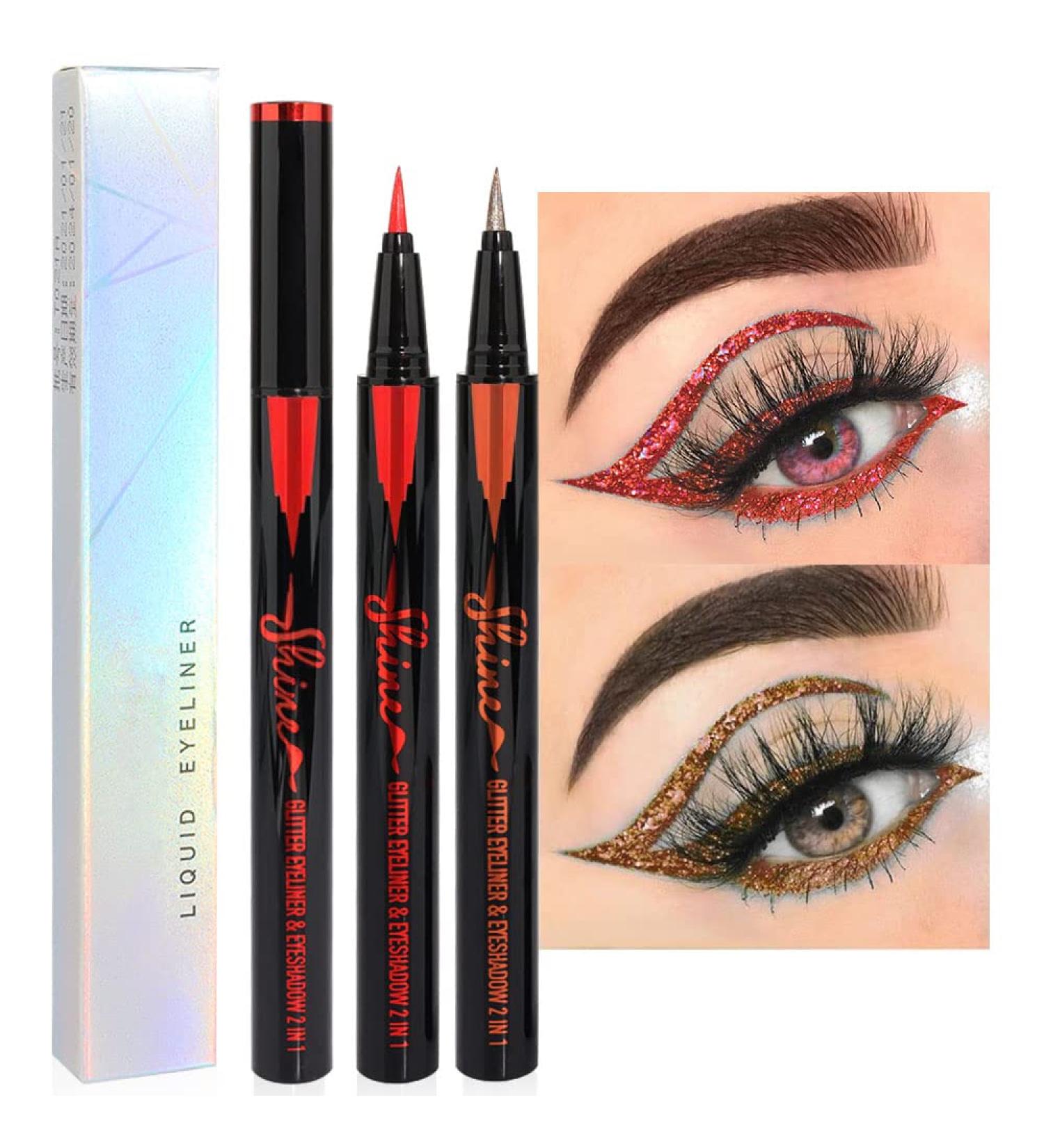 2Pcs Glitter Liquid Eyeliner Makeup Pen Set - Red & Bronze Metallic Satin Finish | Waterproof, Smudge Proof, Long Lasting | High Pigmented Sparkle Eye Liner Pen - 2 Count - Buy Online on GoSupps.com