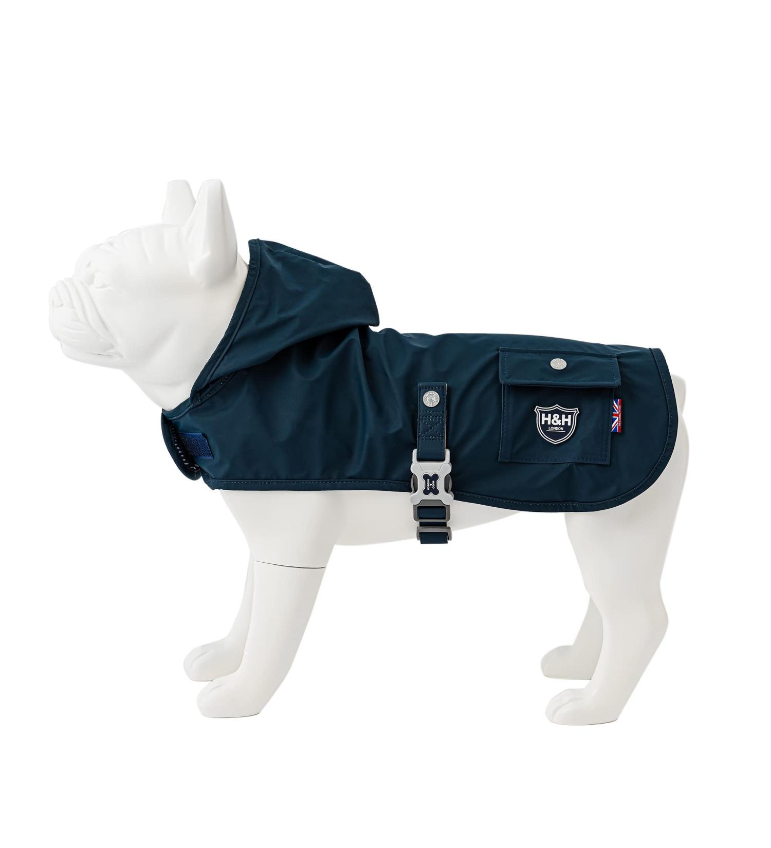 HUGO & HUDSON Dog Raincoat with Hood | Adjustable Waterproof Jacket | Harness Hole | Double Layered with Blue & White Lining | Navy XS - Buy Online on GoSupps.com