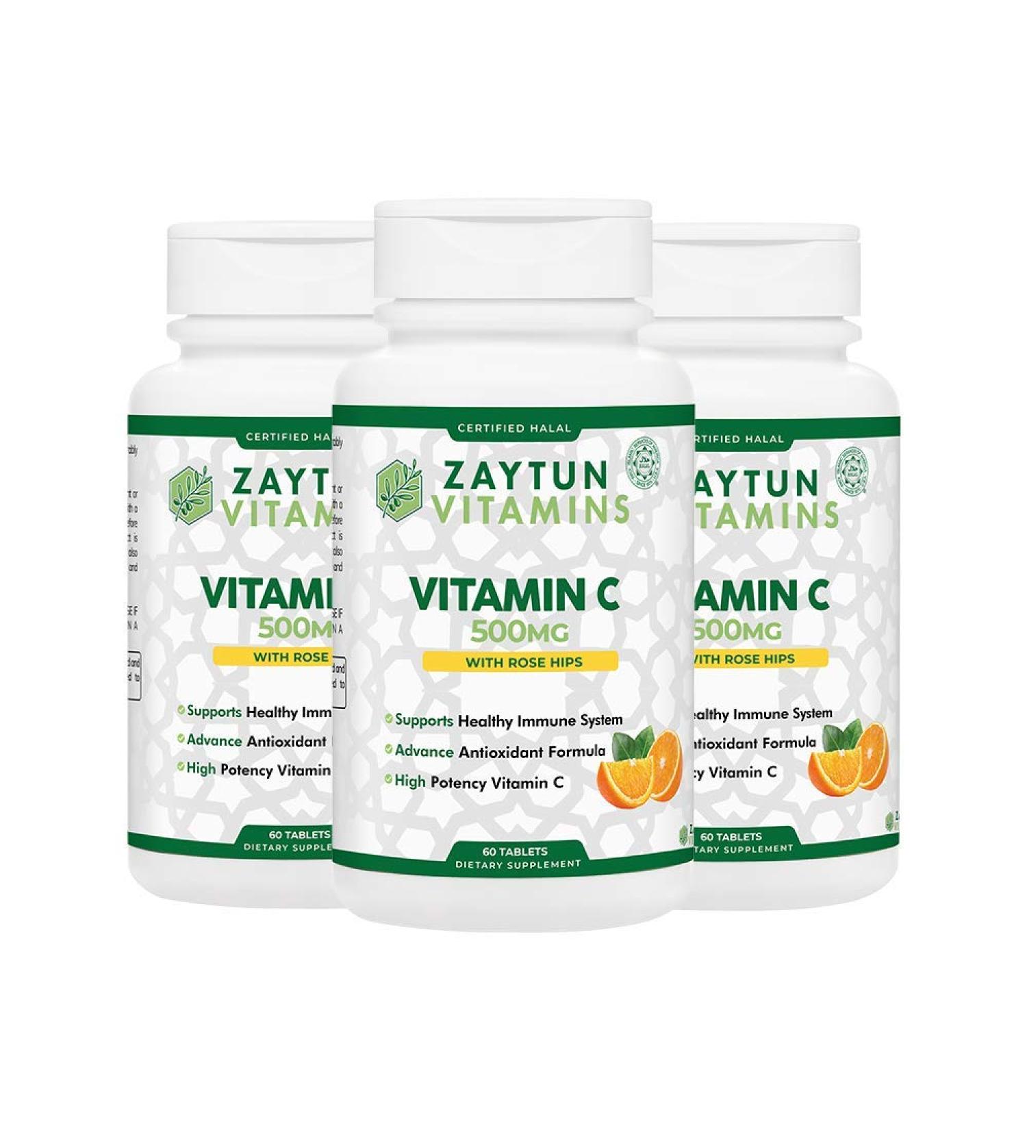Zaytun Vitamins Halal Vitamin C 500mg Tablets (3-Pack) with Rose HIPS Supports Immune Health Natural Antioxidant with Citrus Bioflavonoids Gluten-Free Vegan 60 Tablets - Halal Vitamins - Buy Online on GoSupps.com