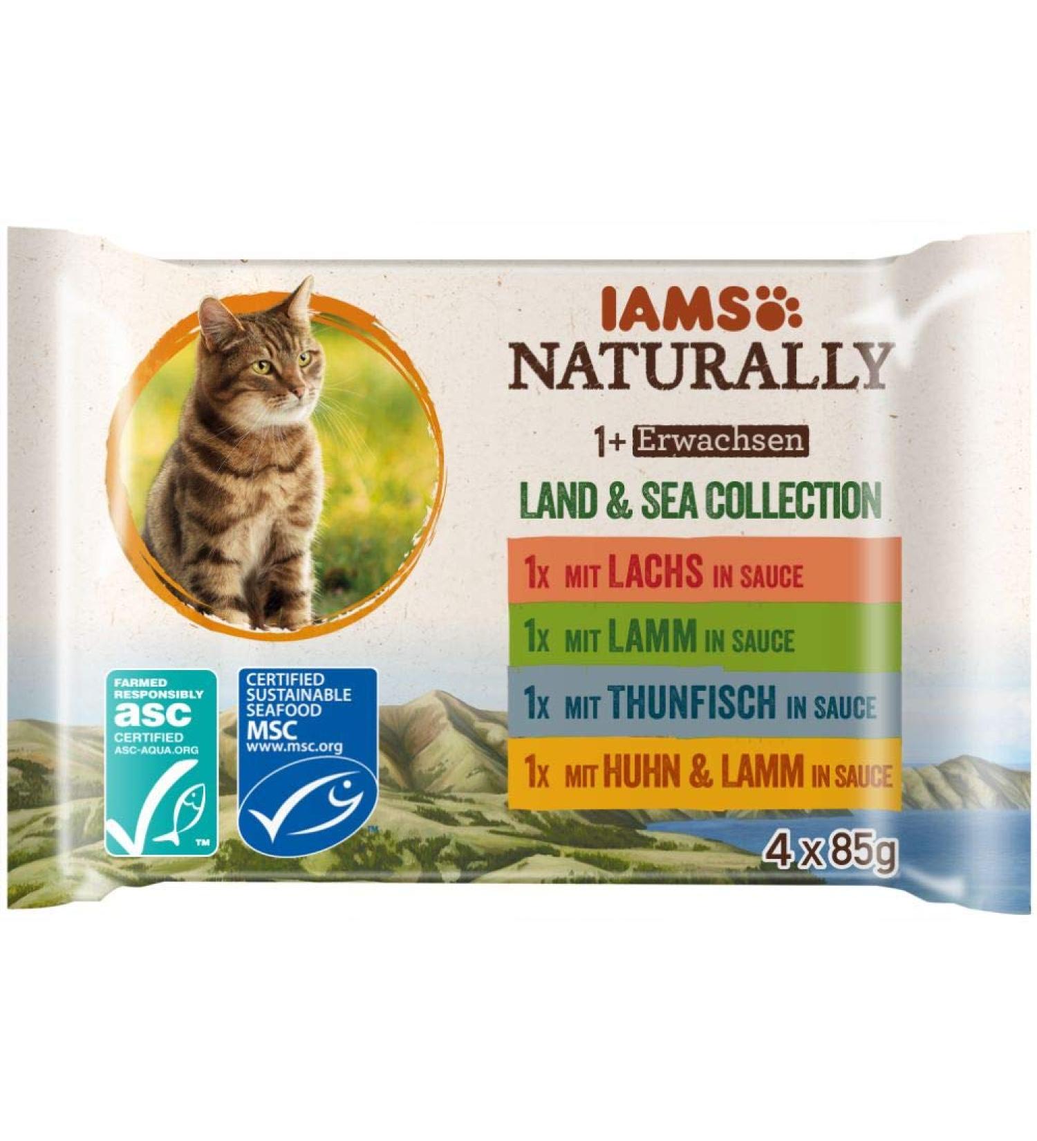 IAMS Naturally Cat Food Wet in Sauce - High-Quality Meat & Fish for Adults | Land & Sea Collection | 4 x 85g Pack - Buy Online on GoSupps.com