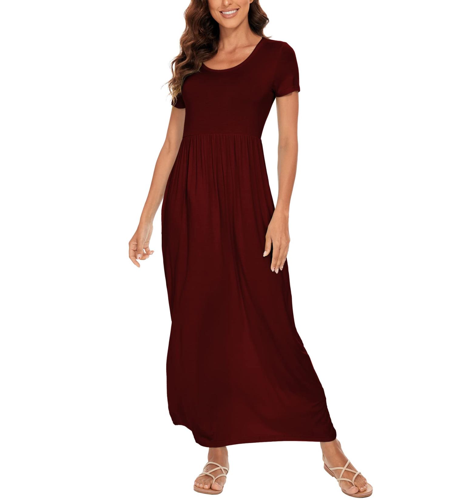 YUNDAI Womens Maternity Maxi Dress Short Sleeve Floral Loose Long Dress with Pocket - Wine Red (Size S) - Buy Online on GoSupps.com
