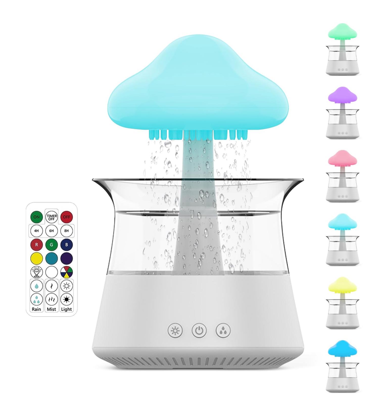 Rain Cloud Humidifier Night Light | 7 Color Aromatherapy Essential Oil Diffuser | Mushroom Design | Water Drop Sound | White - Buy Online on GoSupps.com