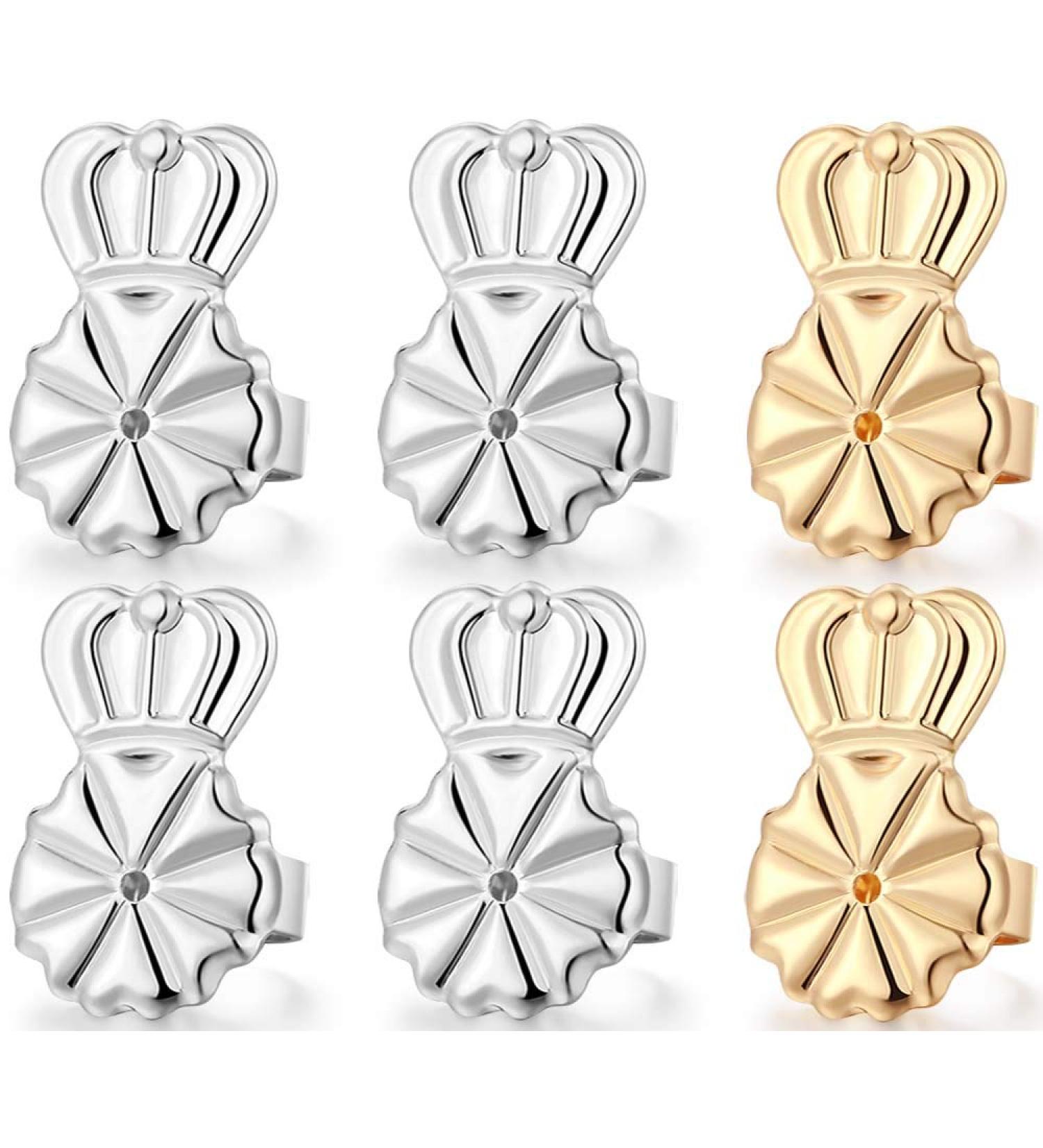 Earring Lifters Set - 3 Pairs Hypoallergenic Backs for Droopy Ears - Adjustable Crown Design in Silver and Gold - 8MM Size - Buy Online on GoSupps.com