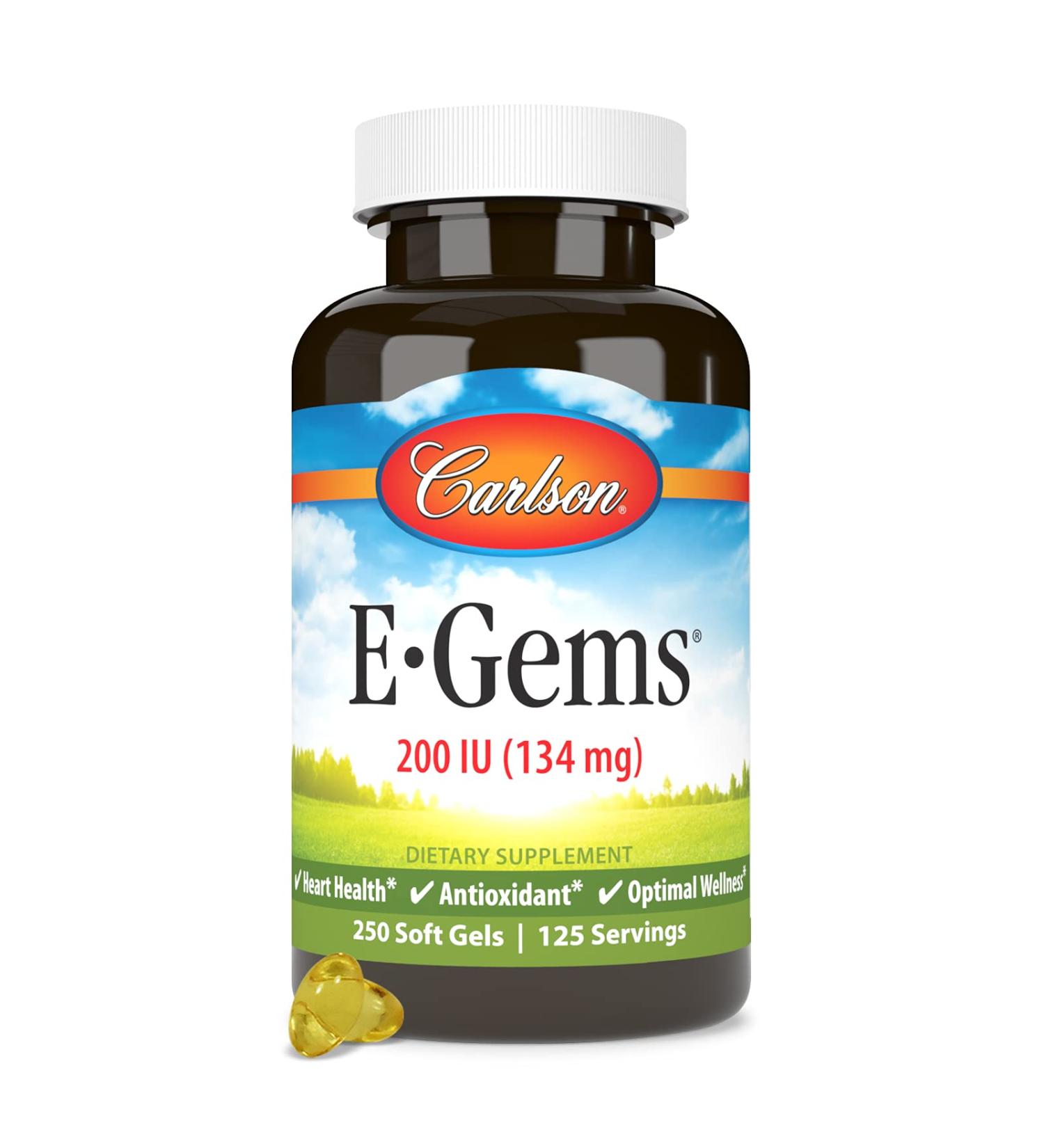 Carlson E-Gems 200 IU (134 mg) Natural-Source Vitamin E Optimal Wellness 250 Soft Gels 1 Count (Pack of 250) - Buy Online on GoSupps.com