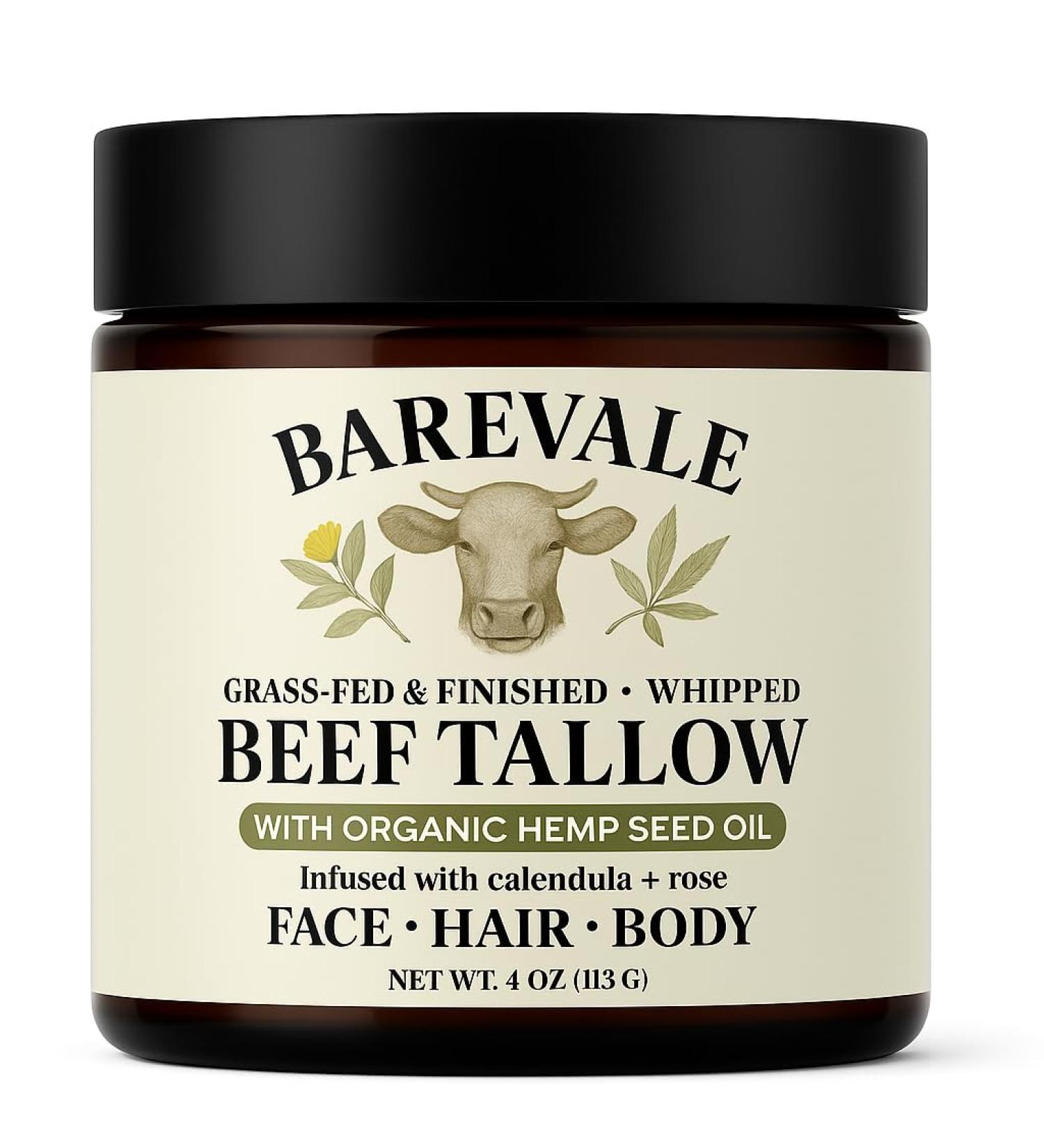 Barevale Grass-Fed Whipped Beef Tallow Balm with 100% Cold-Pressed Organic Hemp Seed Oil Organic Calendula & Organic Rose Pure Moisturizer for Sensitive Skin Face Hair & Body 4-oz | Non-Toxic - Buy Online on GoSupps.com