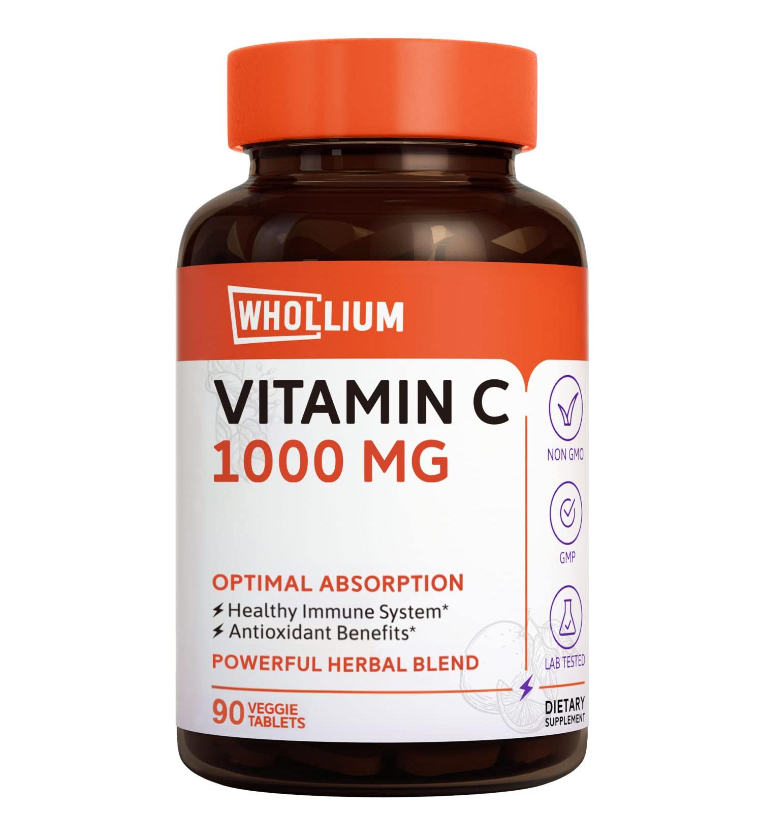 Whollium Vitamin C Tablets 1000mg with Citrus Bioflavonoids, Rose Hips, Echinacea & Turmeric - 90 Tabs | High Potency Antioxidant & Immune Support - Buy Online on GoSupps.com