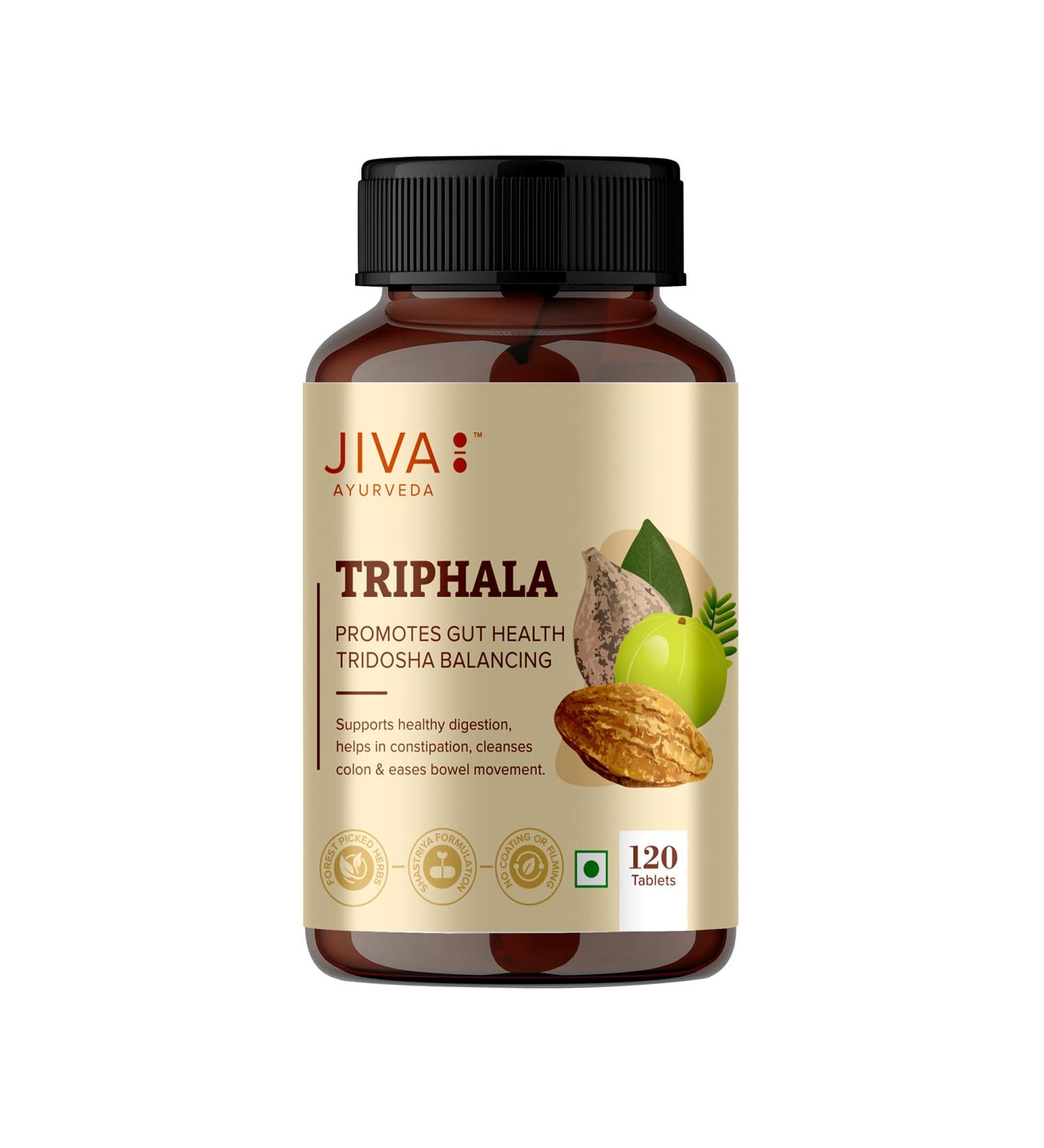 Jiva Ayurveda Triphala Tablets - 120 Count | Natural Digestive Support & Colon Cleanse | Gentle Detox for Bloating & Occasional Constipation Relief | Pure Herbal Wellness for Gut Health - Buy Online on GoSupps.com