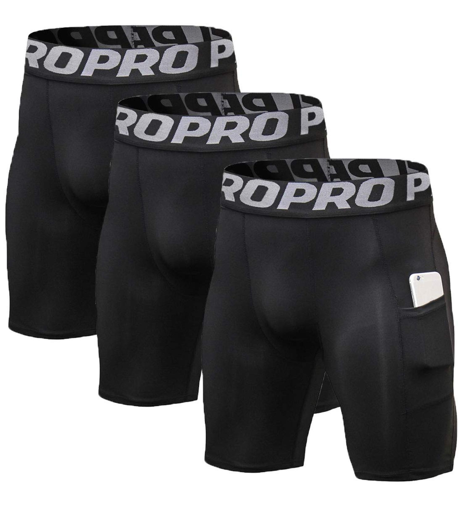 Mens Compression Running Shorts 3 Pack with Phone Pocket - Black - Large - Athletic Gym Yoga Cool Dry Workout Underwear - Set of 3 - Buy Online on GoSupps.com