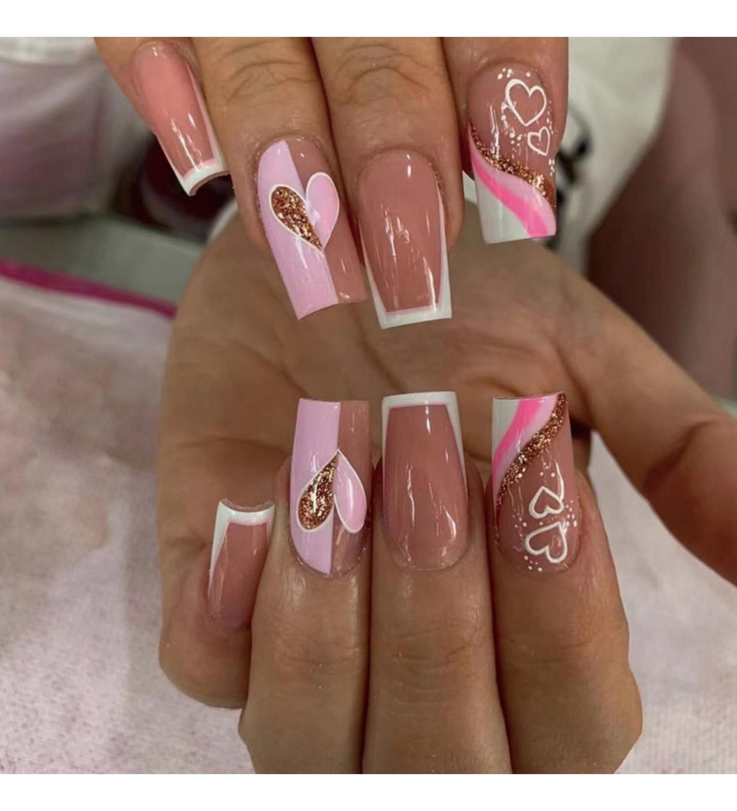 Justotry 24-Piece Coffin Heart Nails - White French Artificial Ballerina Press-On Nails with Trendy Swirl Design for Women - Buy Online on GoSupps.com
