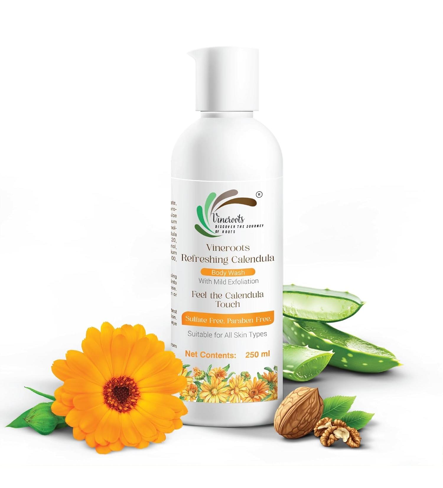 Calen-ula Body Wash with Aloe Vera & Walnut Shell | Gentle Exfoliating & Hydrating Shower Gel for Smooth & Glowing Skin | Sulphate & Paraben Free | Unisex | 250ml - Buy Online on GoSupps.com