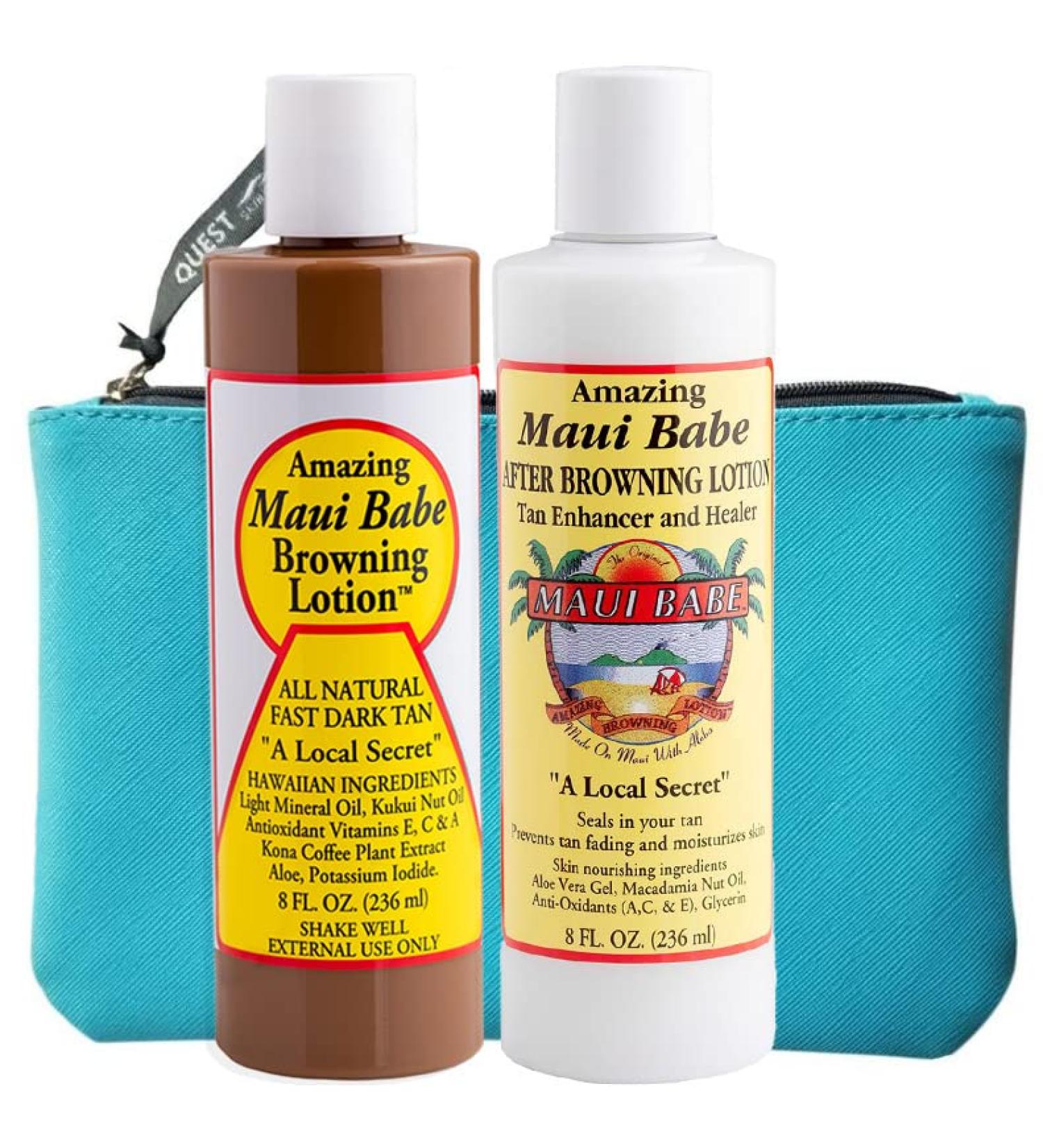 Maui Babe Before and After Browning Lotion 2-Pack with Blue Makeup Bag - Hawaiian Dark Tanning Formula Sun Tan Kit - Outdoor Tanning & After Sun Lotion 8oz - Amazing Maui Babe Suntan Lotion Set - Buy Online on GoSupps.com