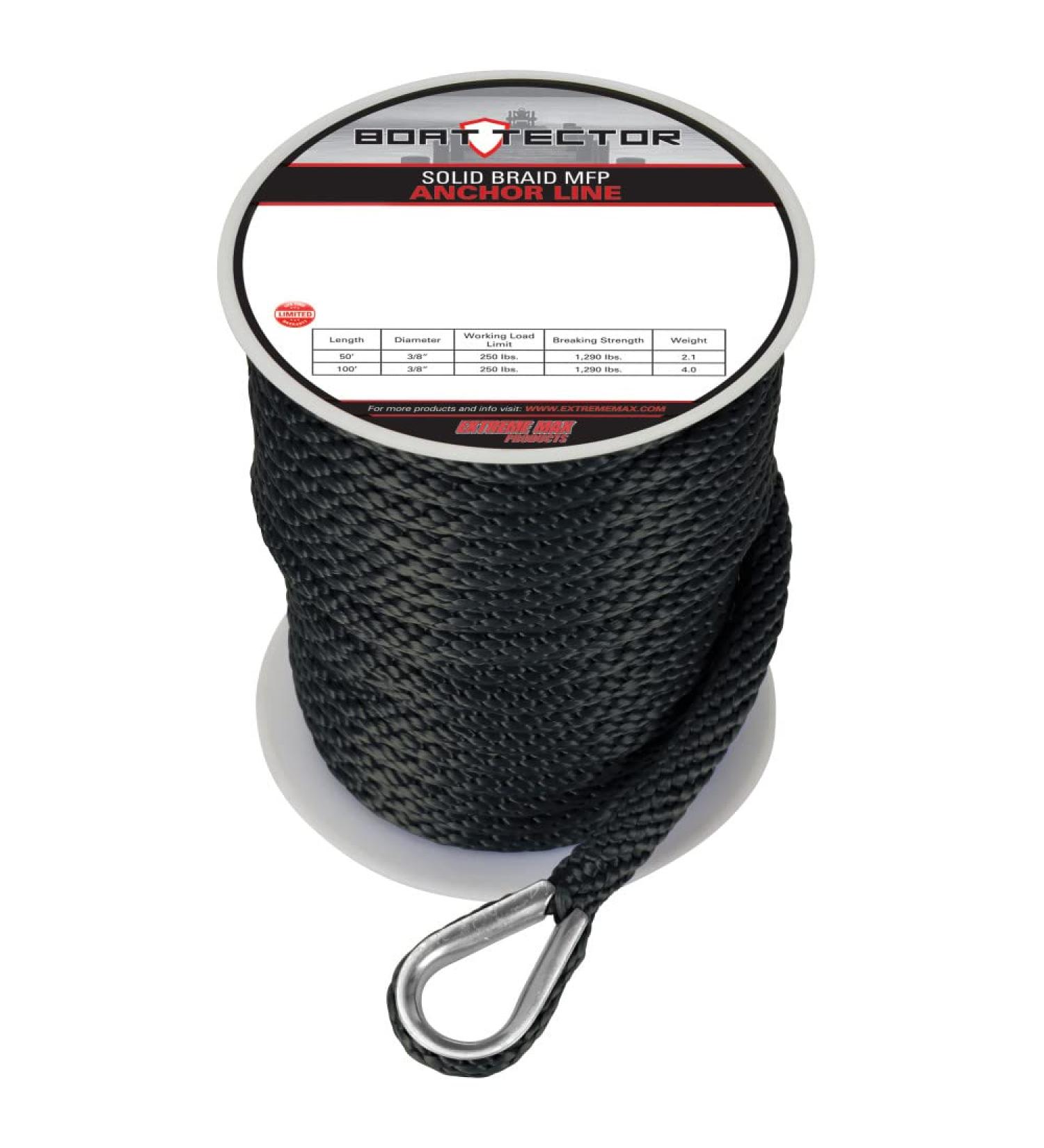 Extreme Max 3006.2057 BoatTector Solid Braid MFP Anchor Line with Thimble - 3/8" x 100', Black Black 3/8" x 100'