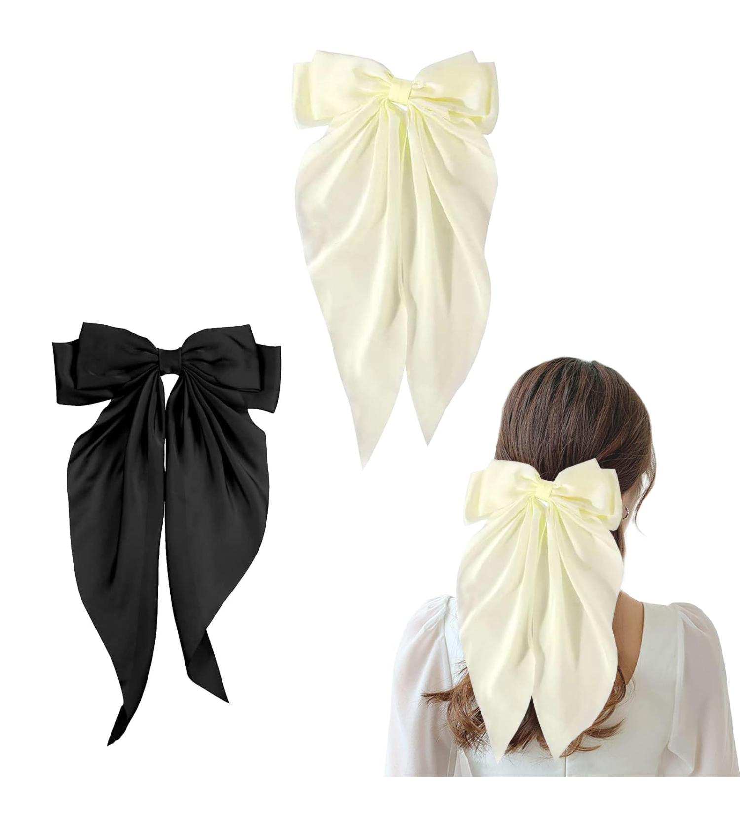 Bow Hair Clip Set for Women - 2 Pcs Black and Creamy-white Satin Hair Bows with Long Hair Slides - Bowknot Hairpin Accessories - Buy Online on GoSupps.com