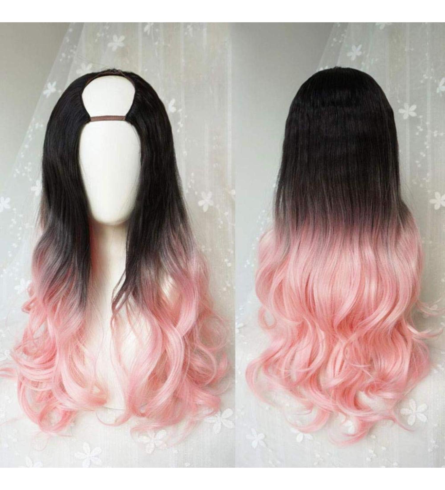 Harajuku Fashion Long Wavy Curly U Shaped Wigs - Heat Resistant 28 Synthetic Gradient Dark Roots Hair for Girls - Buy Online on GoSupps.com