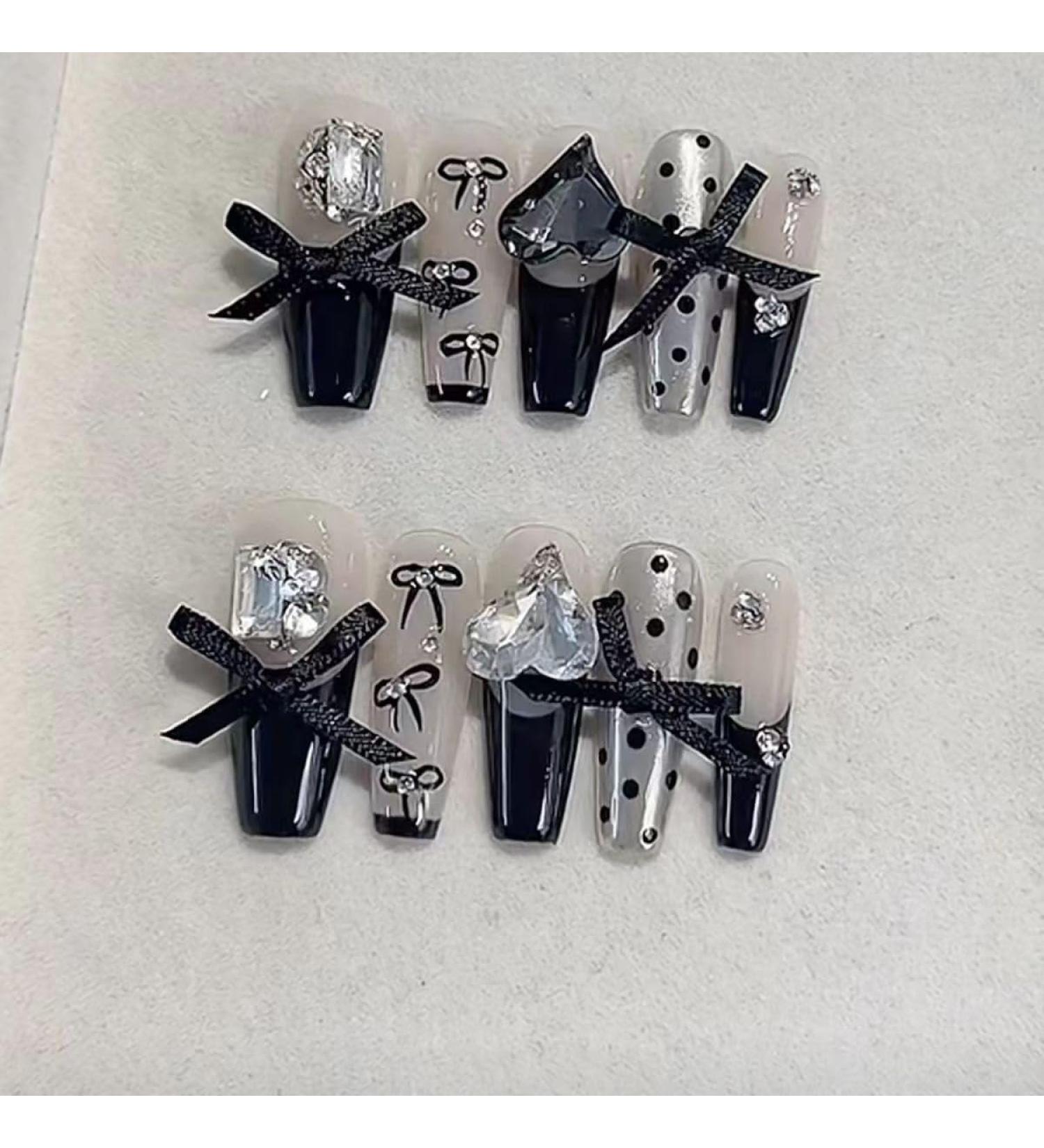 Temperament manicure black French bow nail patch handmade fake nails wearing nail products.(S) - Buy Online on GoSupps.com