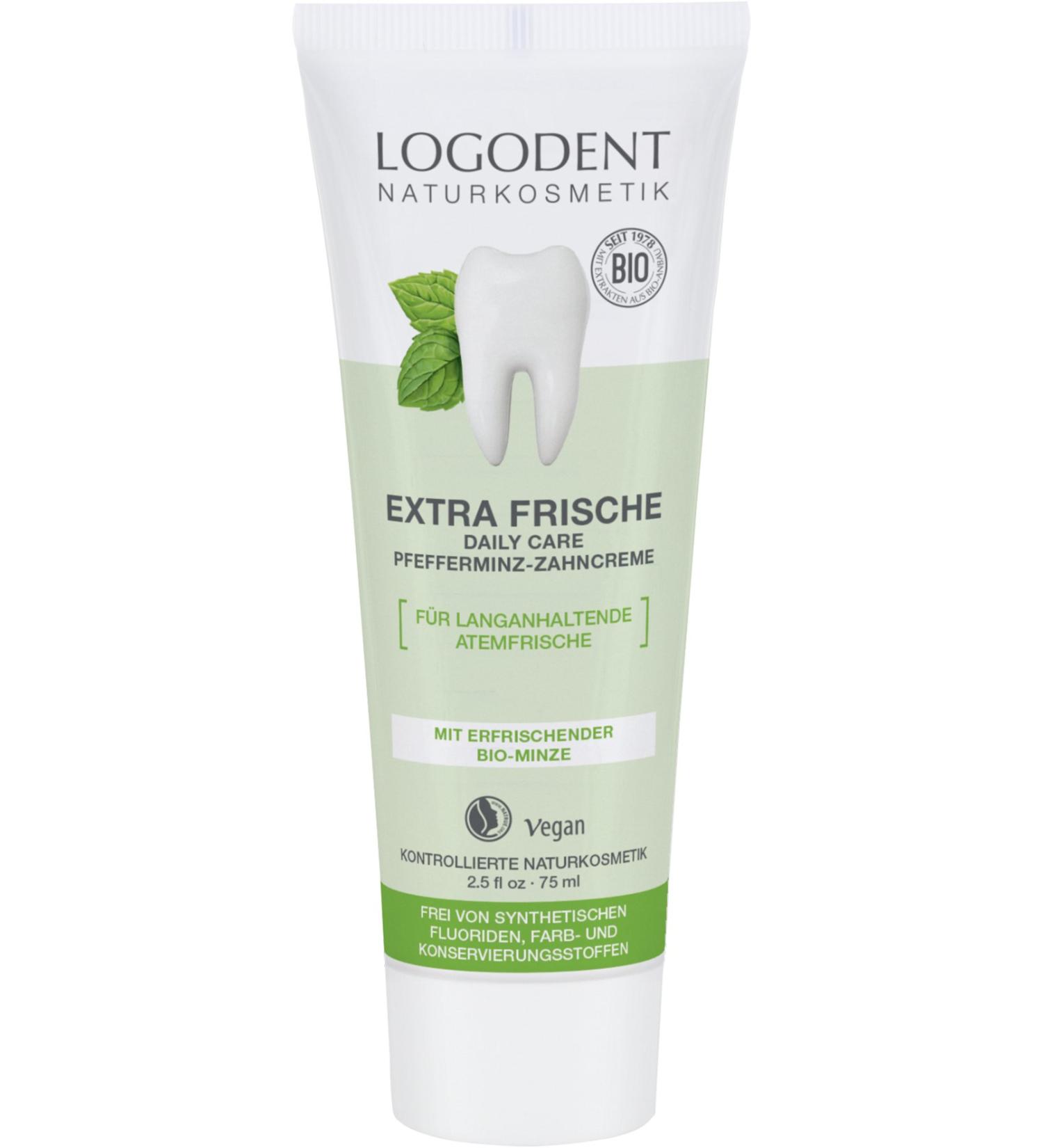  LOGONA Naturkosmetik LOGODENT Natural Extra Fresh Peppermint Dental Cream with Organic Chamomile and Organic Peppermint Oil for Gum Health Vegan 3 x 75 ml - Buy Online on GoSupps.com