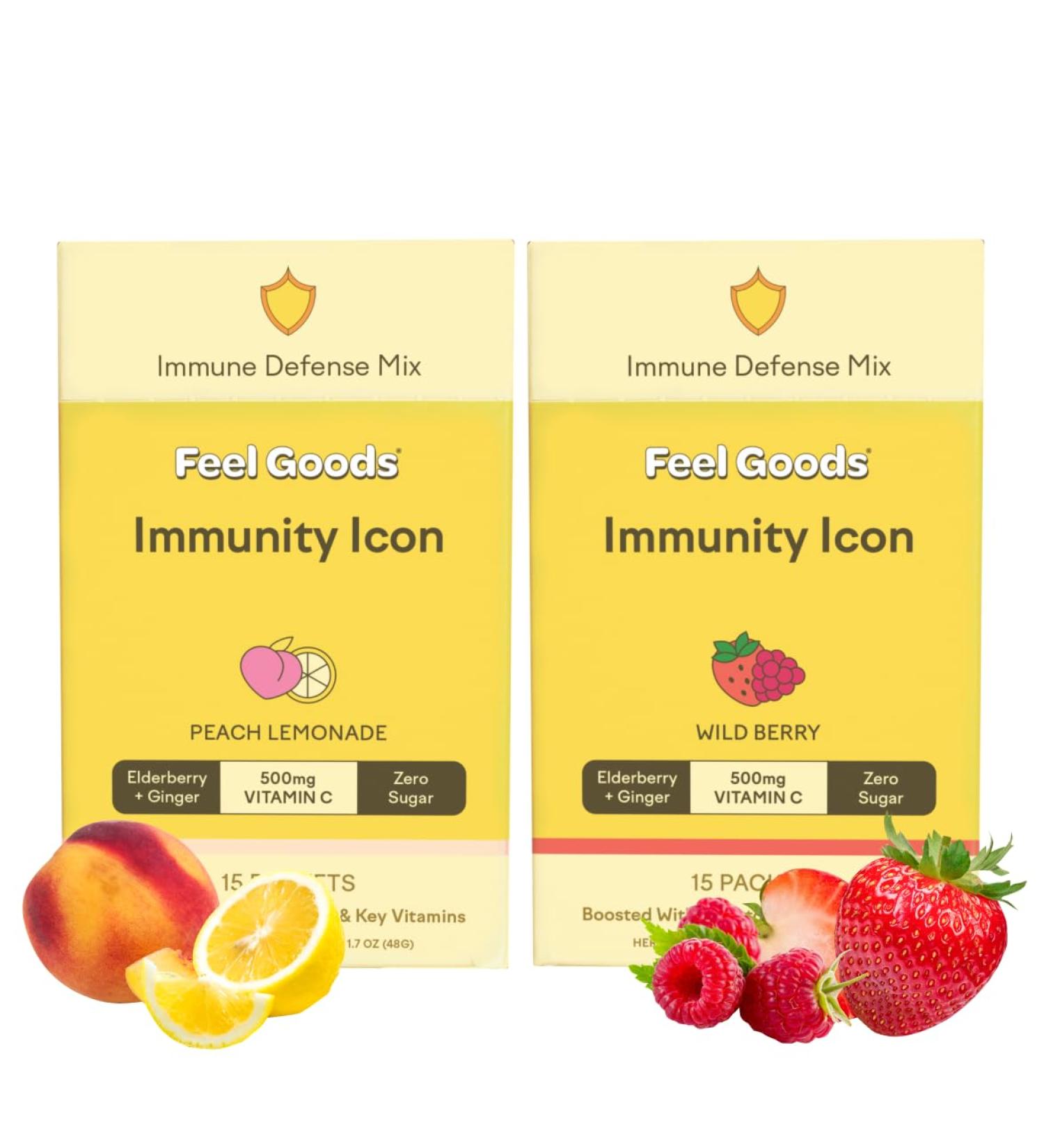 Feel Goods Immunity Icon Drink Mix Powder Bundle, Zero Sugar, Vitamin C, A, B, D, E & Zinc, Organic Elderberry, Ashwagandha, Vegan, Caffeine-Free Wild Berry & Peach Lemonade, 15 Servings Each - Buy Online on GoSupps.com