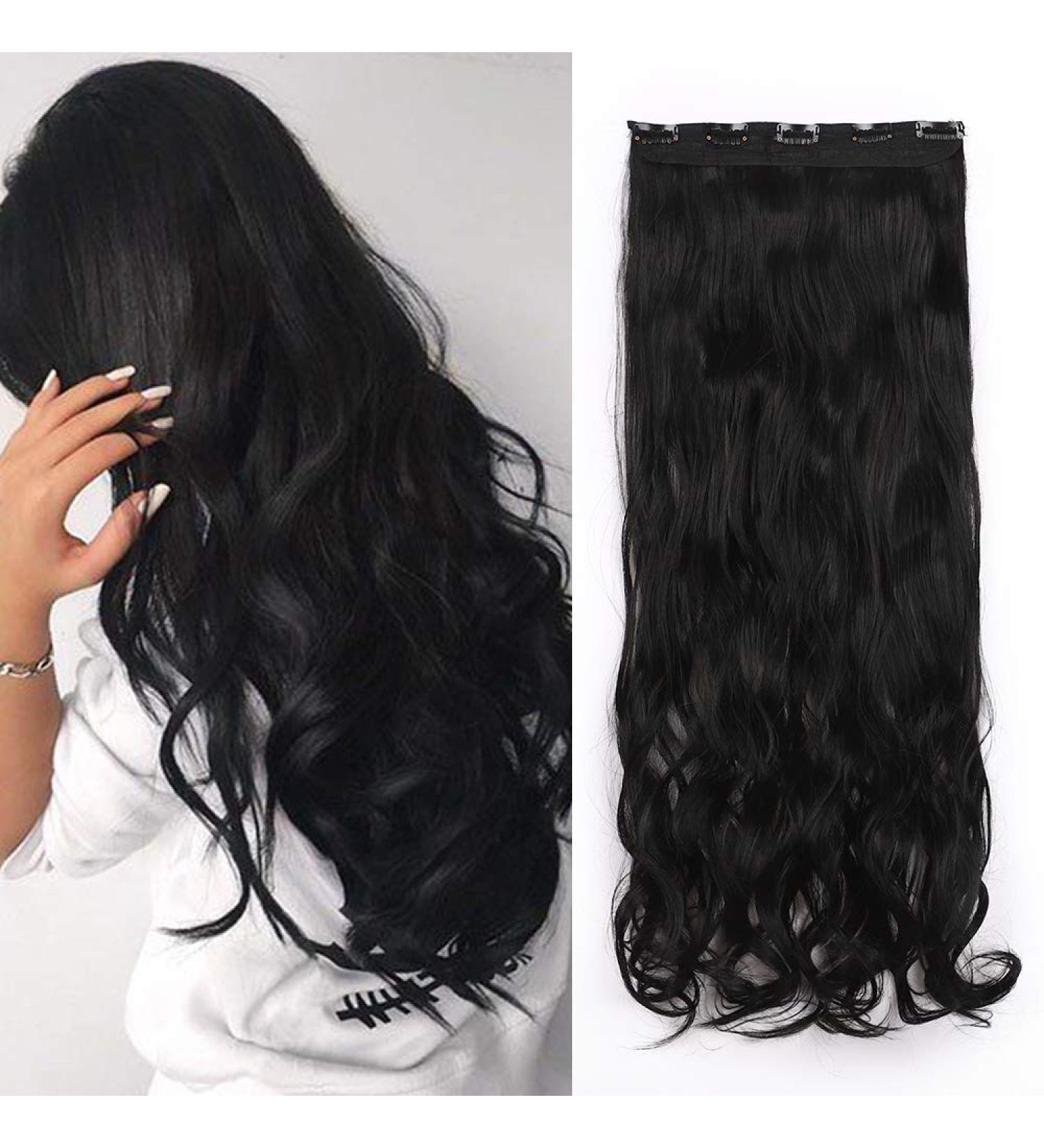Clip In Hair Extensions 17in Curly Hairpiece One Piece 5 Clips Hair Pieces Wavy Synthetic - Jet Black 3/4 Full Head - Buy Online on GoSupps.com