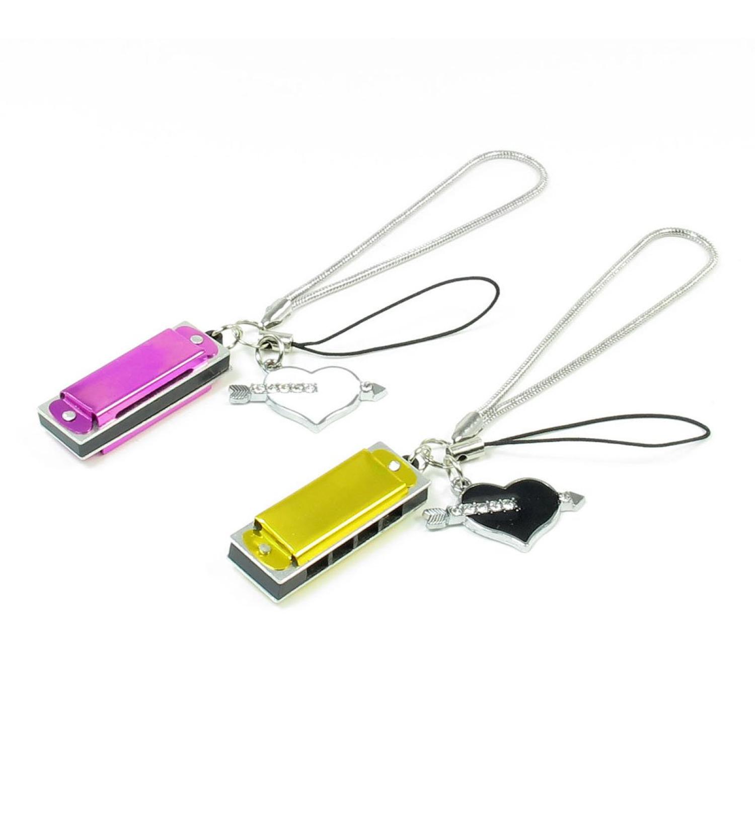 Ruilogod 2pcs Fuchsia Yellow Harmonica Arrow Heart Pendant Phone Strap Decor for Lover