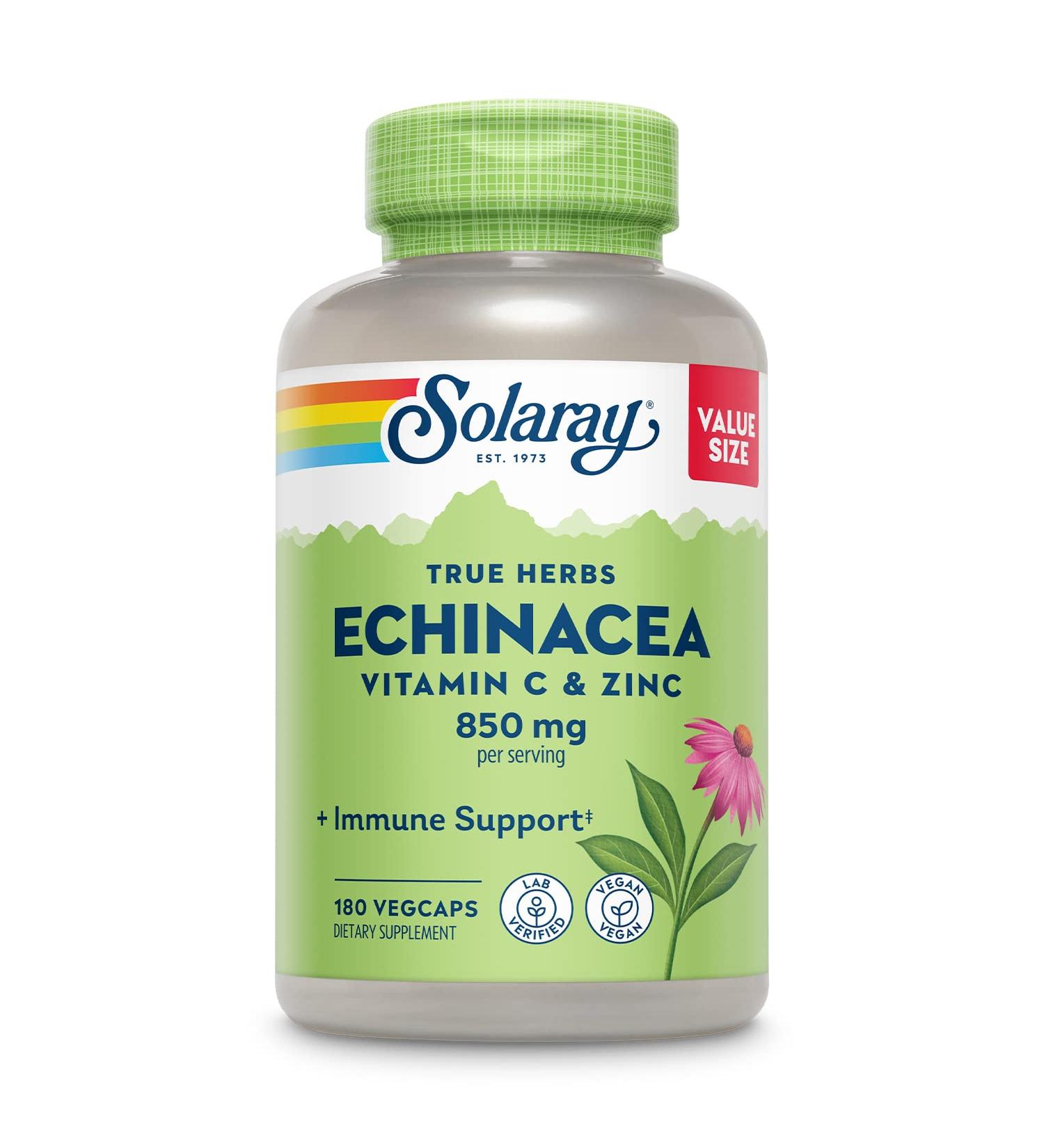 SOLARAY Echinacea with Vitamin C & Zinc Immune Support Supplement Echinacea Capsules with Vitamin C 500 mg Plus Bioflavonoids Vegan 60-Day Guarantee 90 Servings 180 VegCaps 180ct - Buy Online on GoSupps.com