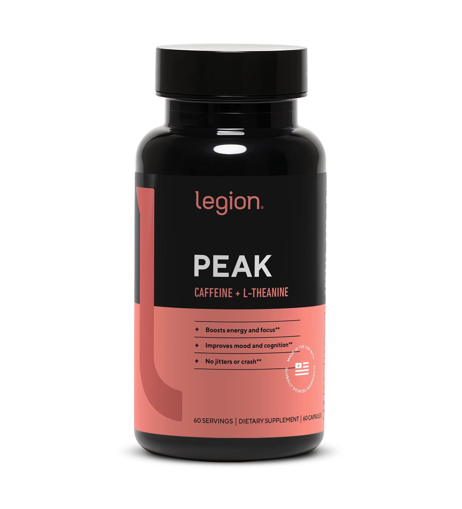 LEGION Peak Caffeine and L Theanine Pills - 200 mg Natural and Organic L Theanine Caffeine Supplement for Smooth Energy Focus and Cognitive Performance - Vegan Non GMO - 60 Servings - Buy Online on GoSupps.com