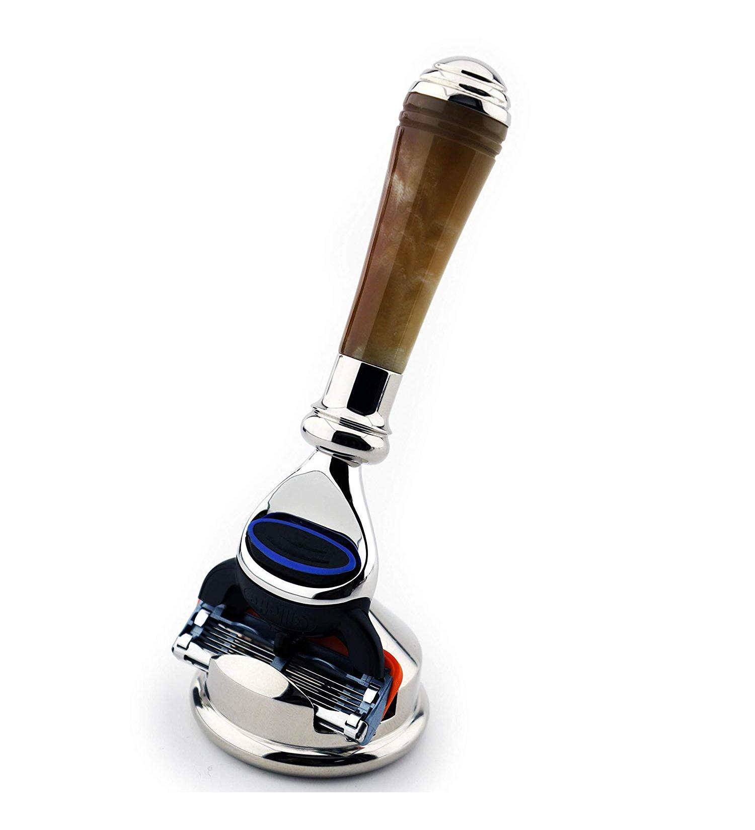 5-Edge Synthetic Horn Razor & Stainless Steel Holder Combo | Luxurious Short Handle for a Superior Shaving Experience - Shop Internationally - Buy Online on GoSupps.com