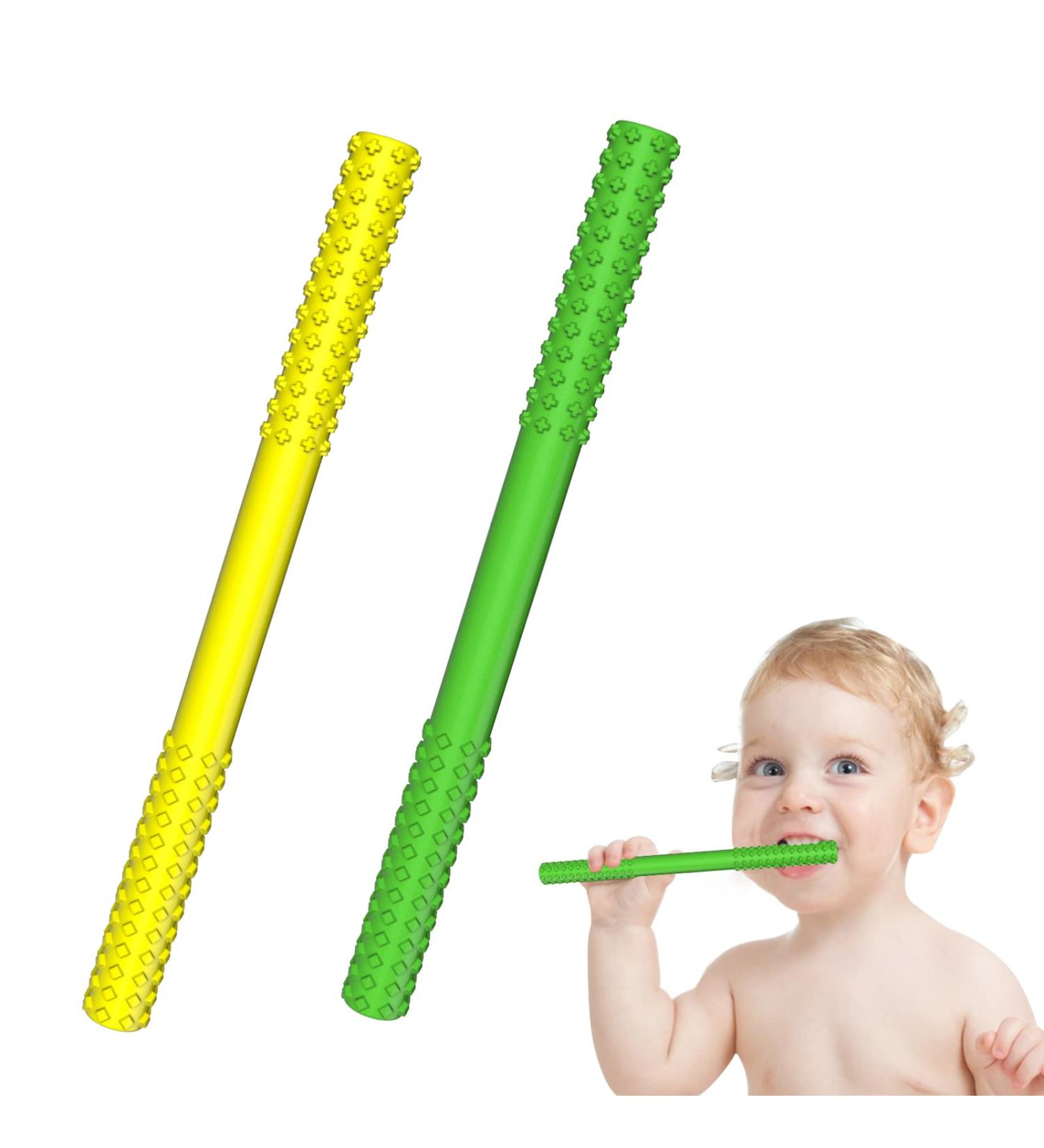 Baby Bite Tube - Silicone Chewing Toys for Sensory Exploration & Tooth Relief | 2 Pack (Yellow & Green) - International Shipping - Buy Online on GoSupps.com