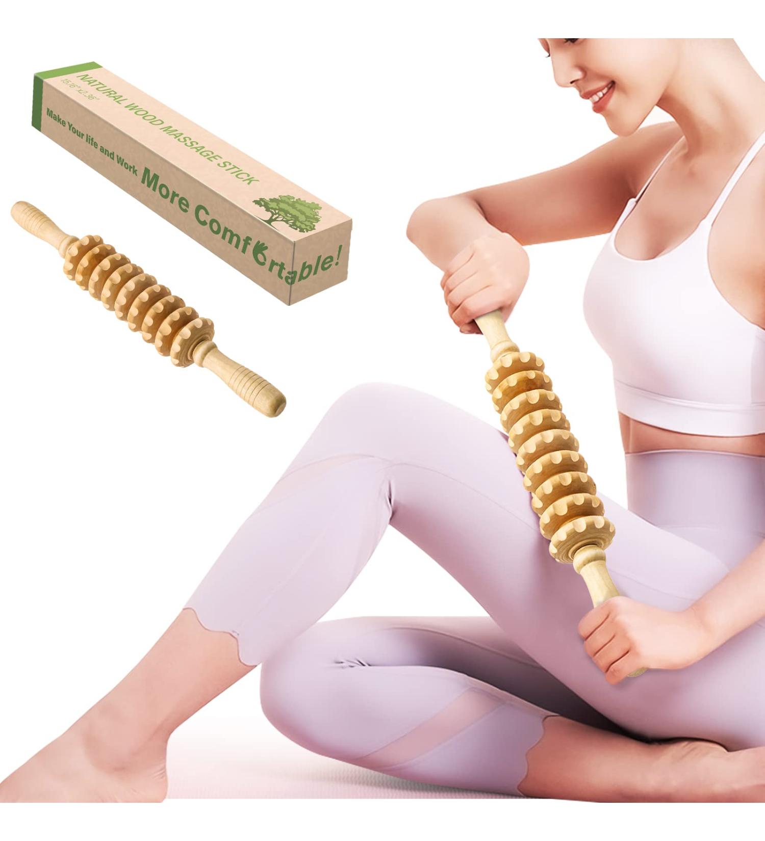 Lymphatic Drainage Massager Wood Therapy Tool - Muscle Roller Stick for Muscle Relaxation and Soreness Relief - Reduce Lipoedema - Includes Massage Guide - Yellow - Buy Online on GoSupps.com