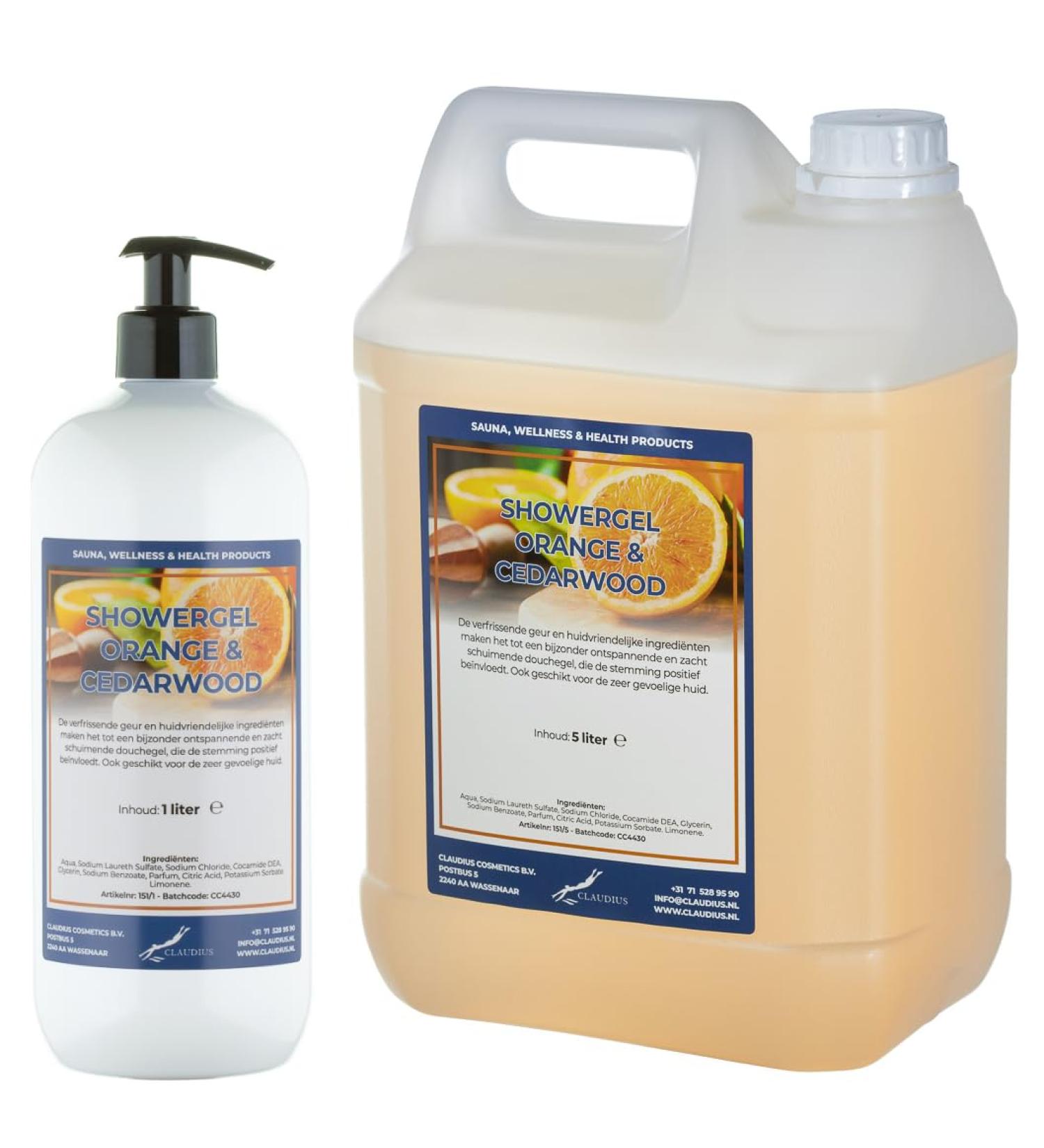 Claudius Showergel Sweet Orange & Cedarwood 5 liter + 1 liter met pomp wit