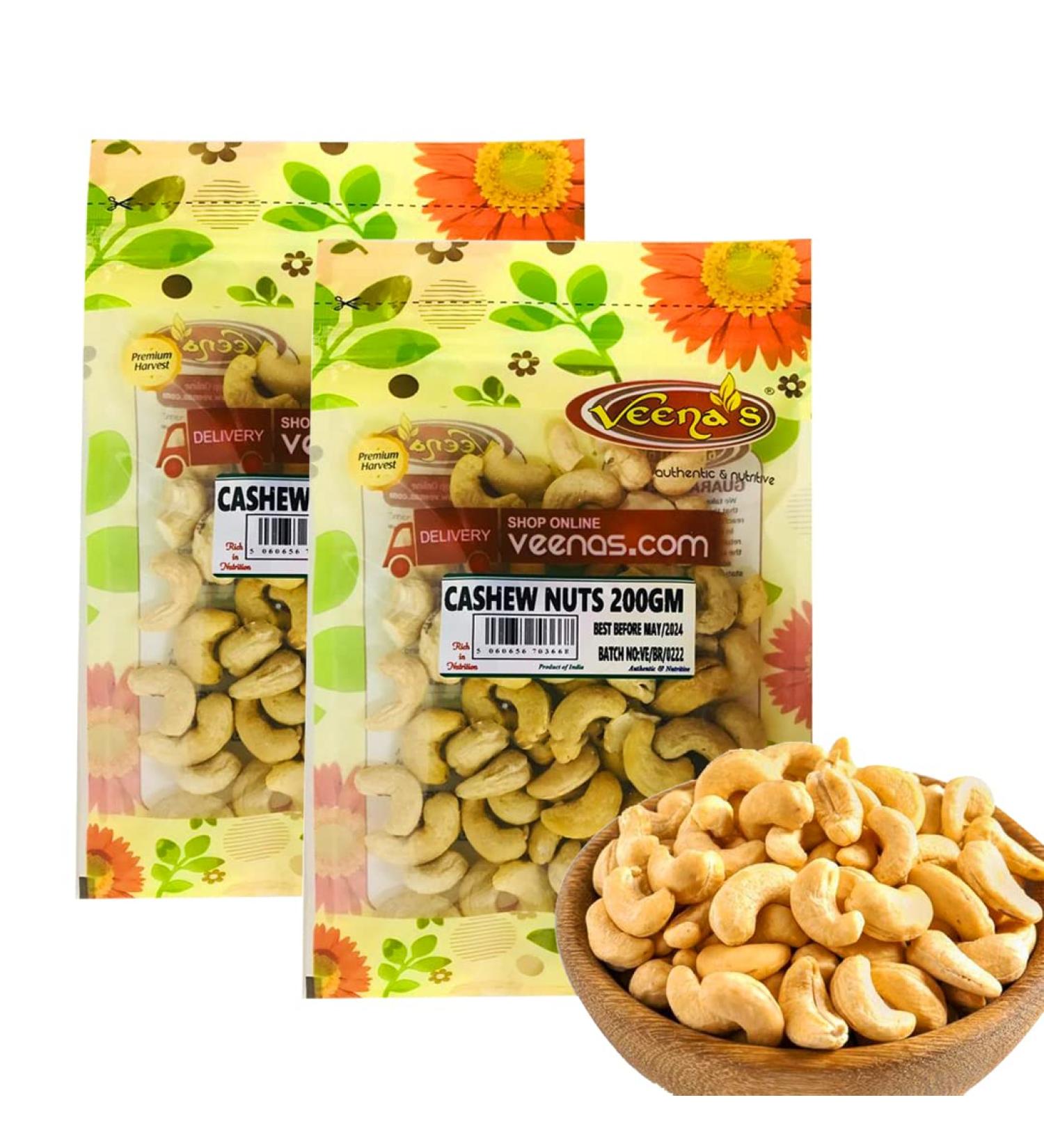 Veenas | Cashew Nuts | 200G | Indian Origin | Unroasted | Unsalted | Whole Cashew Nuts | High Fibre (Pack of 2) - Buy Online on GoSupps.com