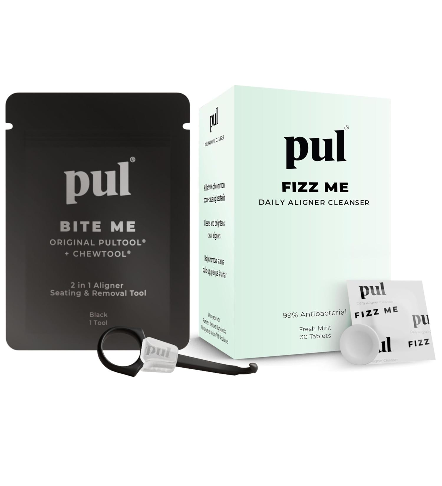 PUL Aligner Care Bundle: Pack of 30 Cleaner Tablets + 2-in-1 Aligner Seating Chewie & Removal Tool For Invisalign Clear Retainers Dentures Night & Mouth Guards All Dental Removables - Buy Online on GoSupps.com