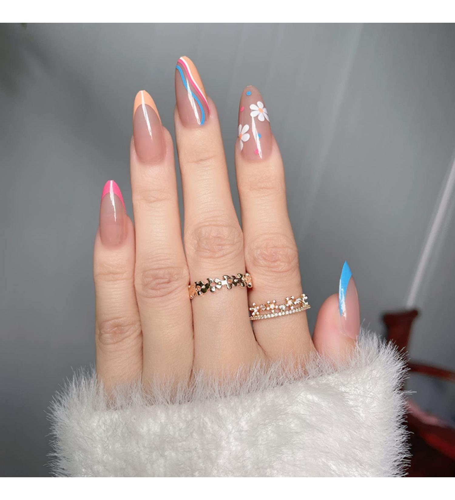Justotry 24 Pcs Floral Almond Short False Nails | Rainbow French Press on Nails | Pretty Nude Fake Nails Short with Nail Glue | Daisy Stiletto Medium Stick on Nails for Women - Buy Online on GoSupps.com