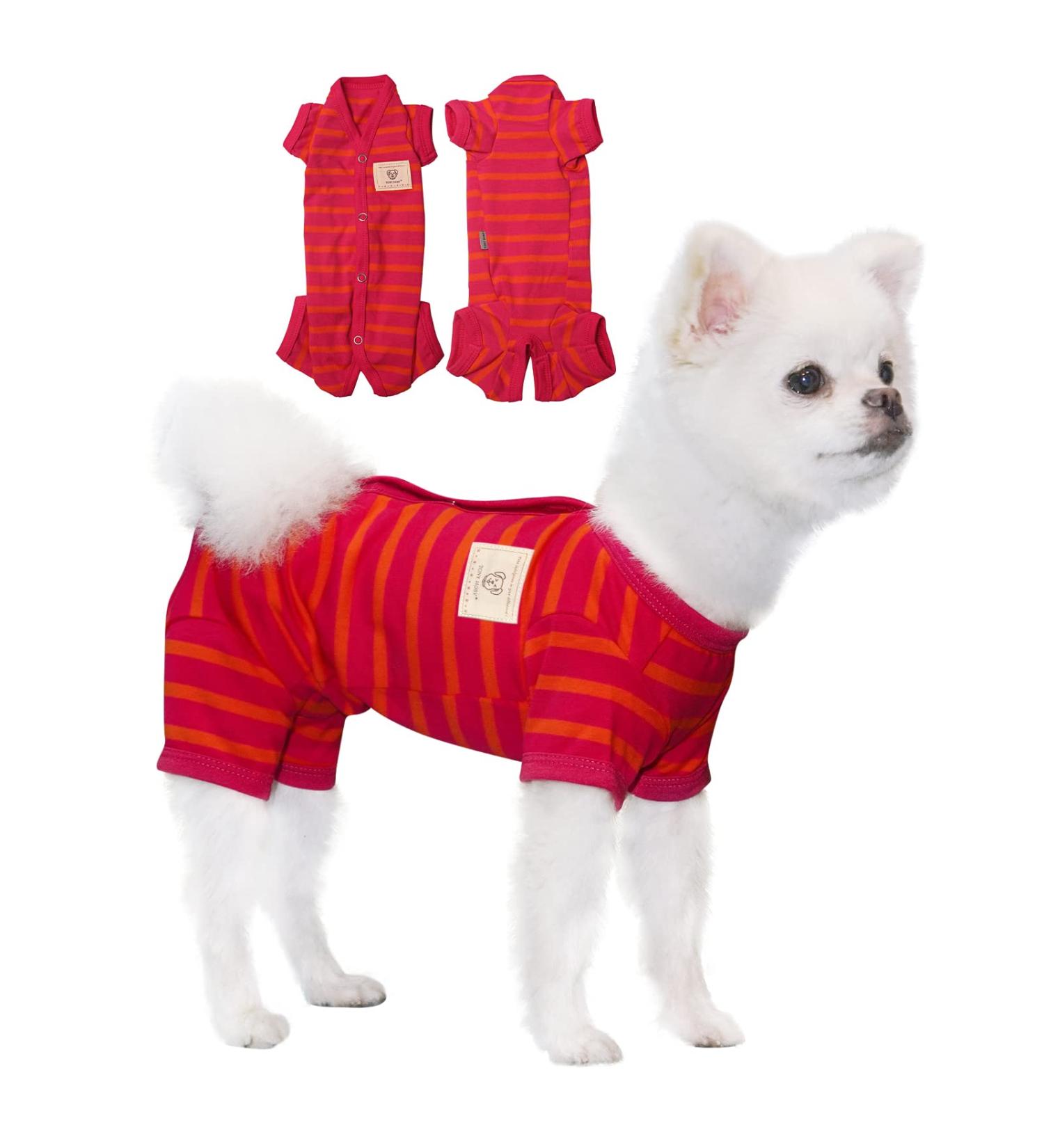 Tony Hoby Dog Pajamas & T-Shirts - Soft Striped Dog Onesies for Small & Medium Dogs | Breathable 4-Leg Bodysuits in Red for Girls - Buy Online on GoSupps.com