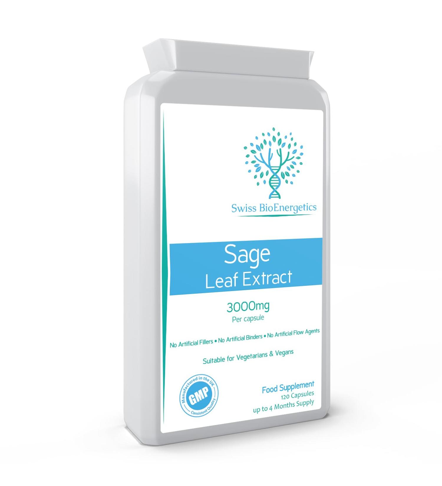 Sage Leaf Extract 3000mg - 120 Vegan Capsules for Menopause Relief - High Strength Formula with Rosmarinic Acid - UK Made - Buy Online on GoSupps.com
