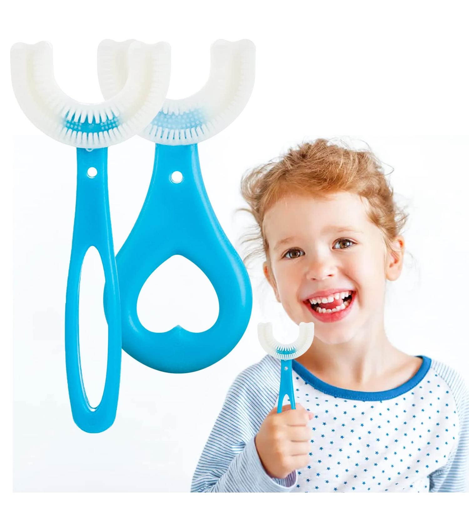 2pcs Kids U-Shaped Silicone Toothbrush Set for Whole Mouth Cleaning - Blue | Ages 2-12 - Buy Online on GoSupps.com