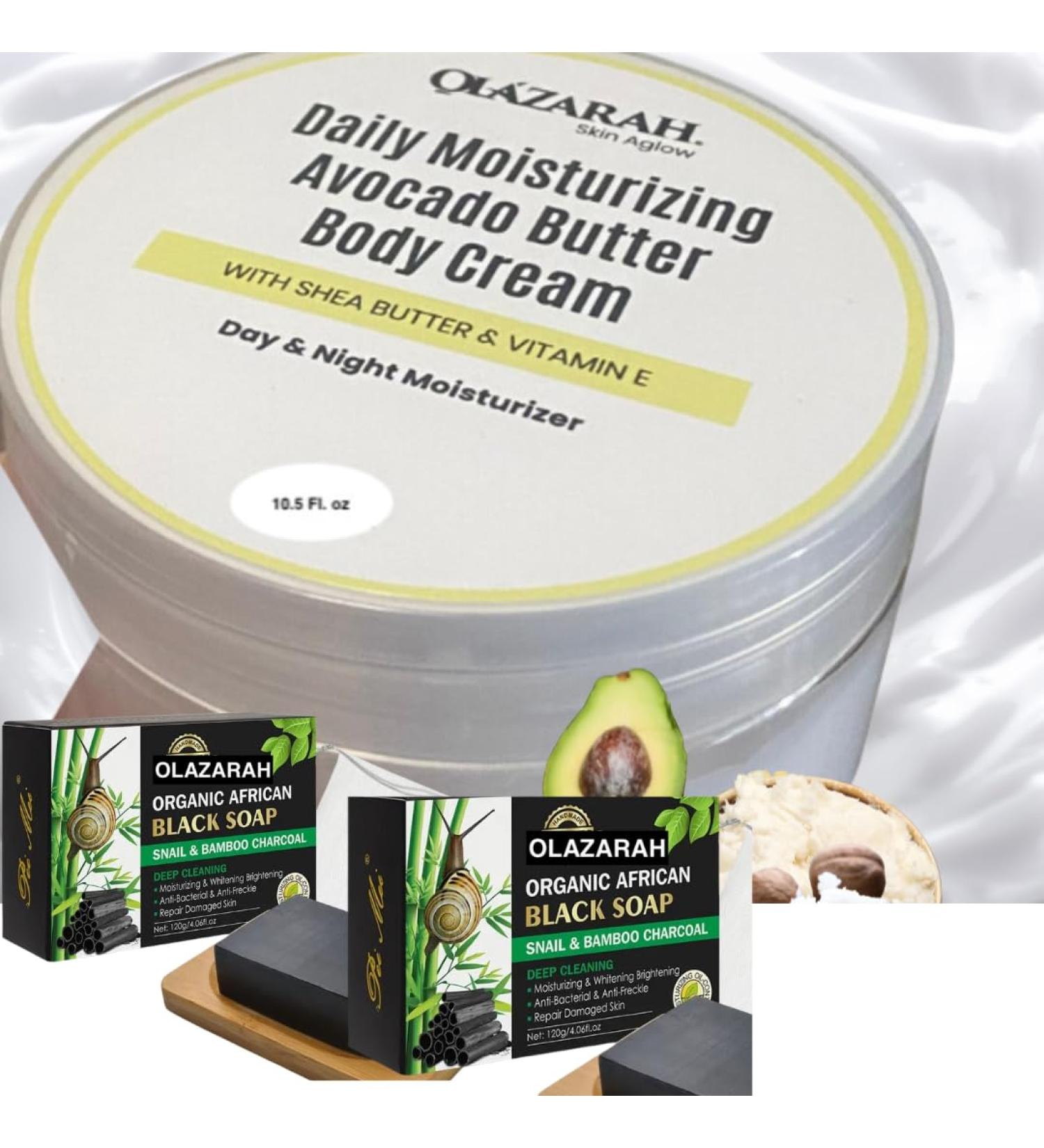 OLAZARAH Avocado Butter Body Cream w/Shea Butter + Natural African Black Soap Infused with Snail & Bamboo Charcoal for Revitalizing Skin Nourishment Bundle for all skin types 12 oz - Buy Online on GoSupps.com
