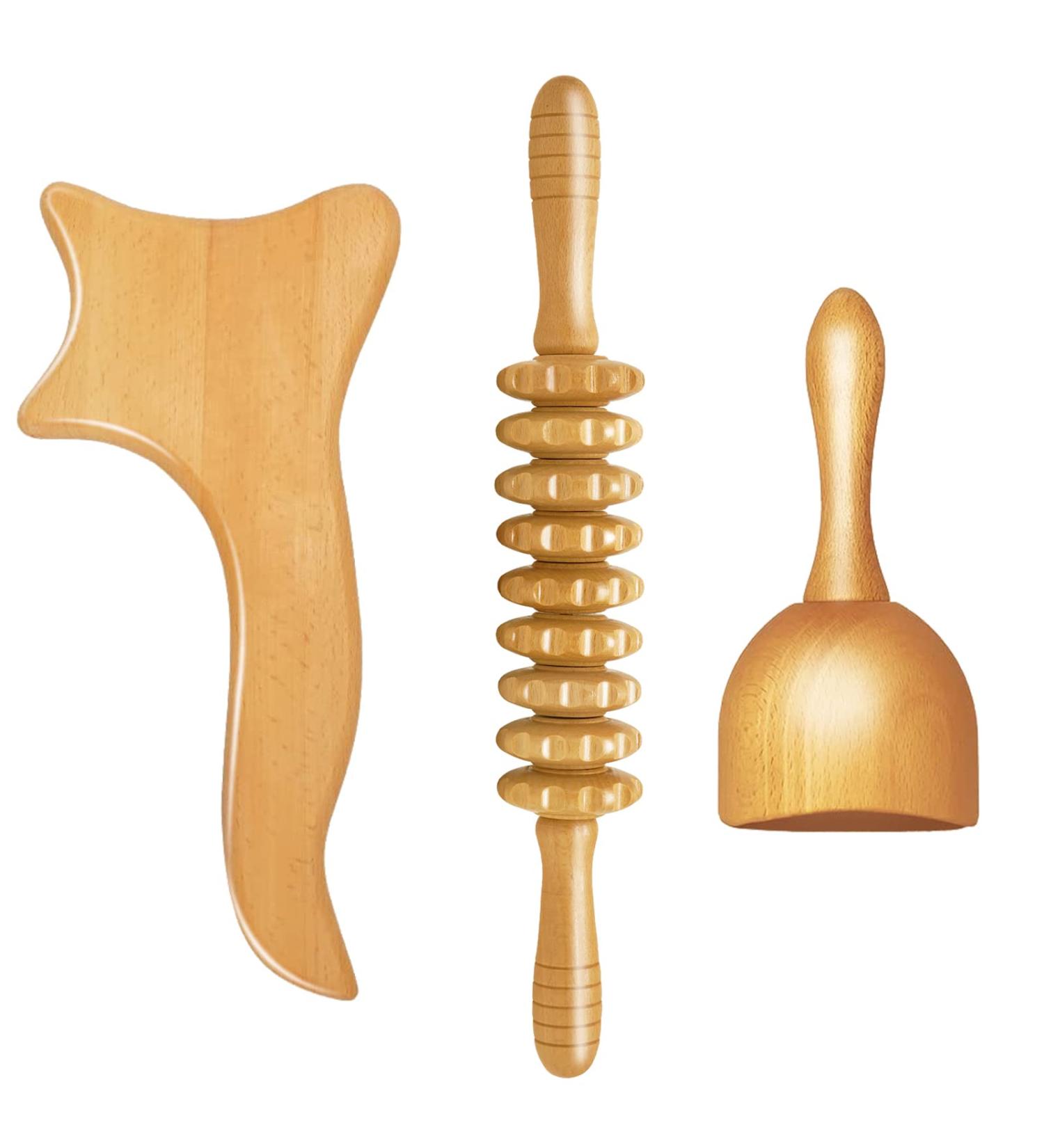 3-Piece Maderotherapy Set - Anti-Cellulite Massage Roller & Gua Sha for Pain Relief | Lymphatic Drainage Massager for Neck Legs Back & Body - Buy Online on GoSupps.com