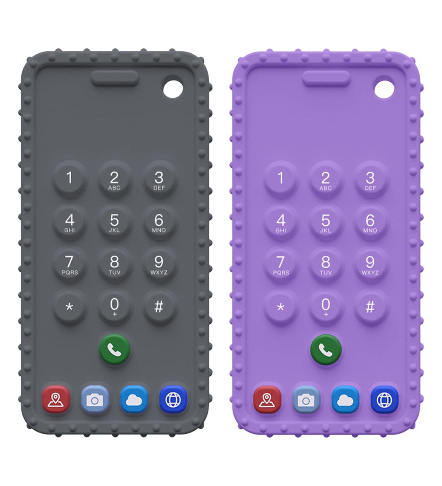 Cellphone Shape Silicone Teething Toys for Babies 3-12 Months - BPA Free, Soft-Textured (2 Pack/Gray+Purple) - Buy Online on GoSupps.com