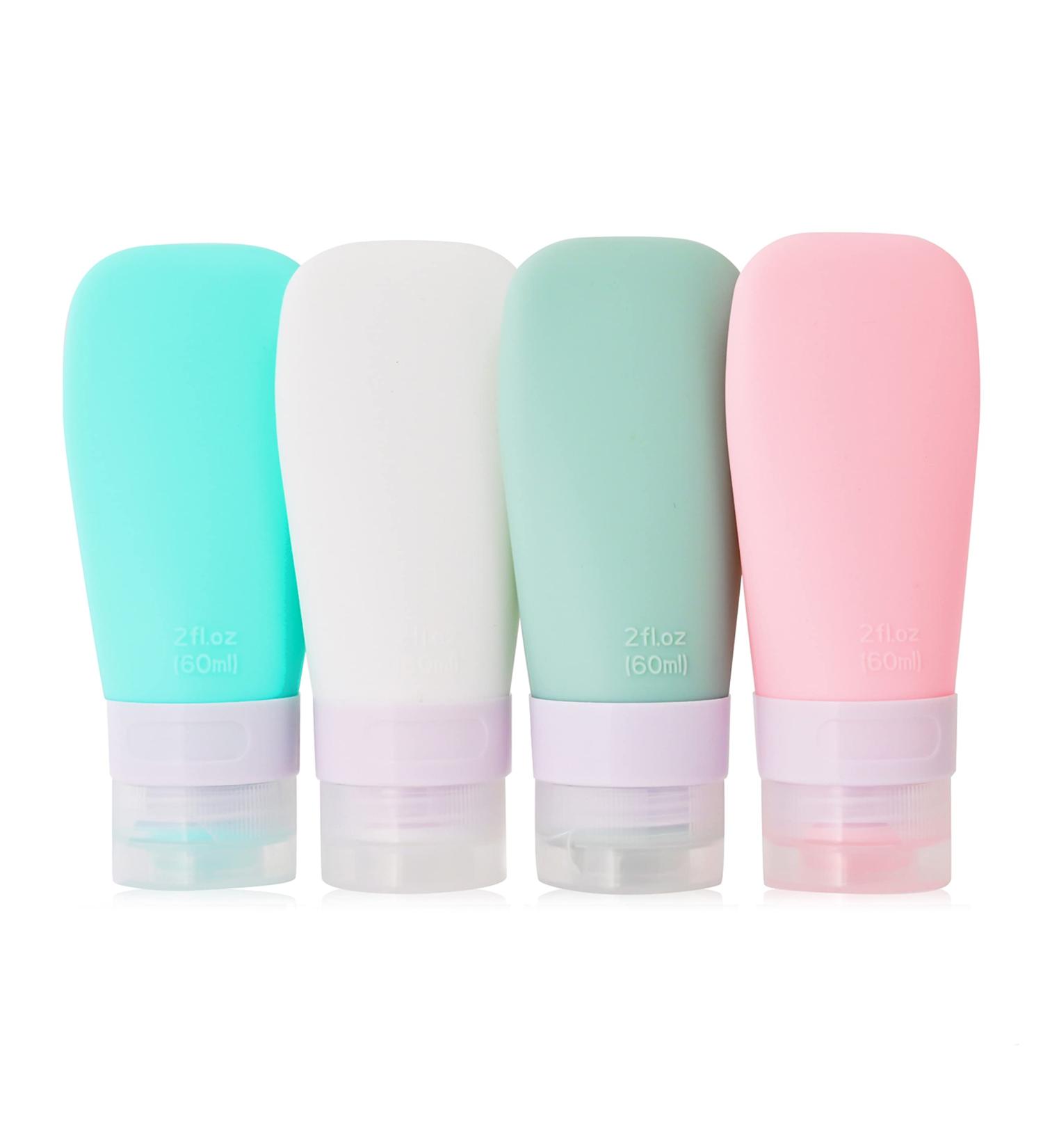 Leak Proof Silicone Travel Bottles Set - 4 Pack 2oz Squeezable Toiletry Containers for Shampoo, Lotion, Soap - Refillable & Portable - Buy Online on GoSupps.com
