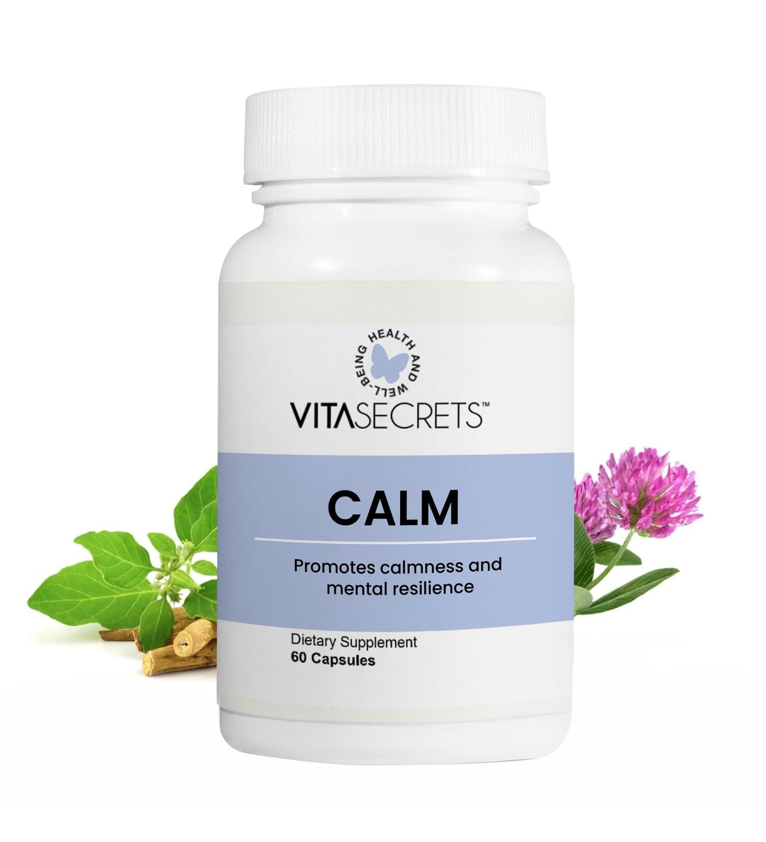 Vitasecrets Calm Stress Relief Supplement - Ashwagandha Capsules GABA Green Tea Extract and L Theanine Boosts Mood Gluten Free No Artificial Colors or Preservatives - 60 Capsules - Buy Online on GoSupps.com