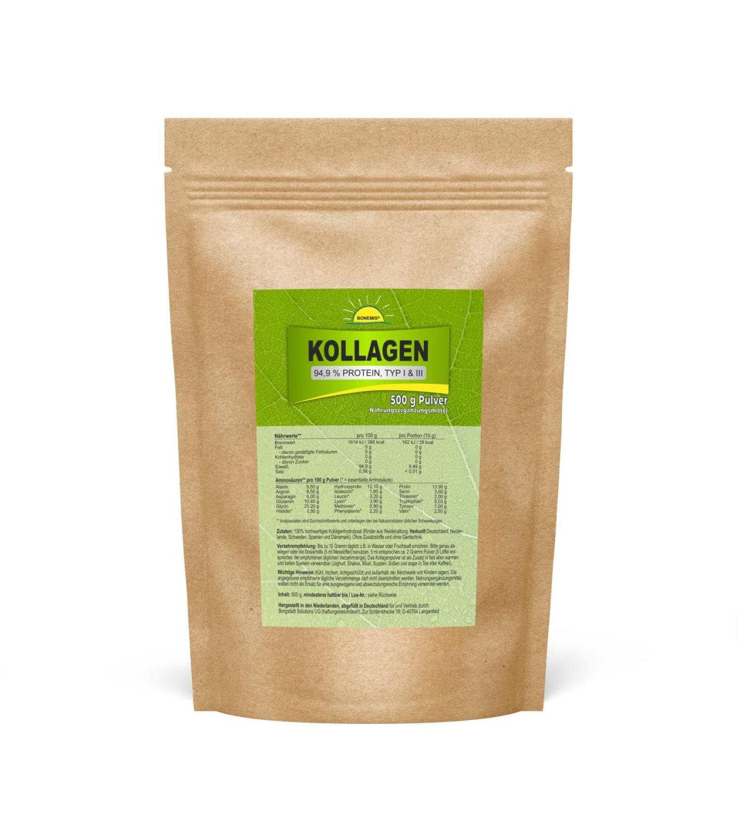 Collagen (94.9% protein type I & III 18 amino acids premium quality from beef EU pasture) 500 g powder in the bag without additives bonemis