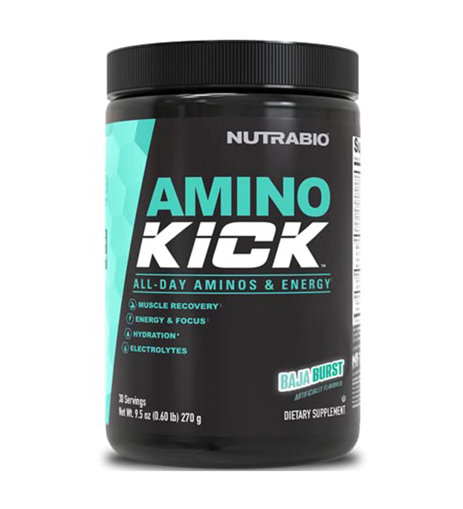 NutraBio Amino Kick BCAA Powder with Natural Caffeine Amino Acids Supplement for Energy Hydration & Recovery BCAAs Electrolytes & Amino Acids Baja Burst 30 Servings - Buy Online on GoSupps.com