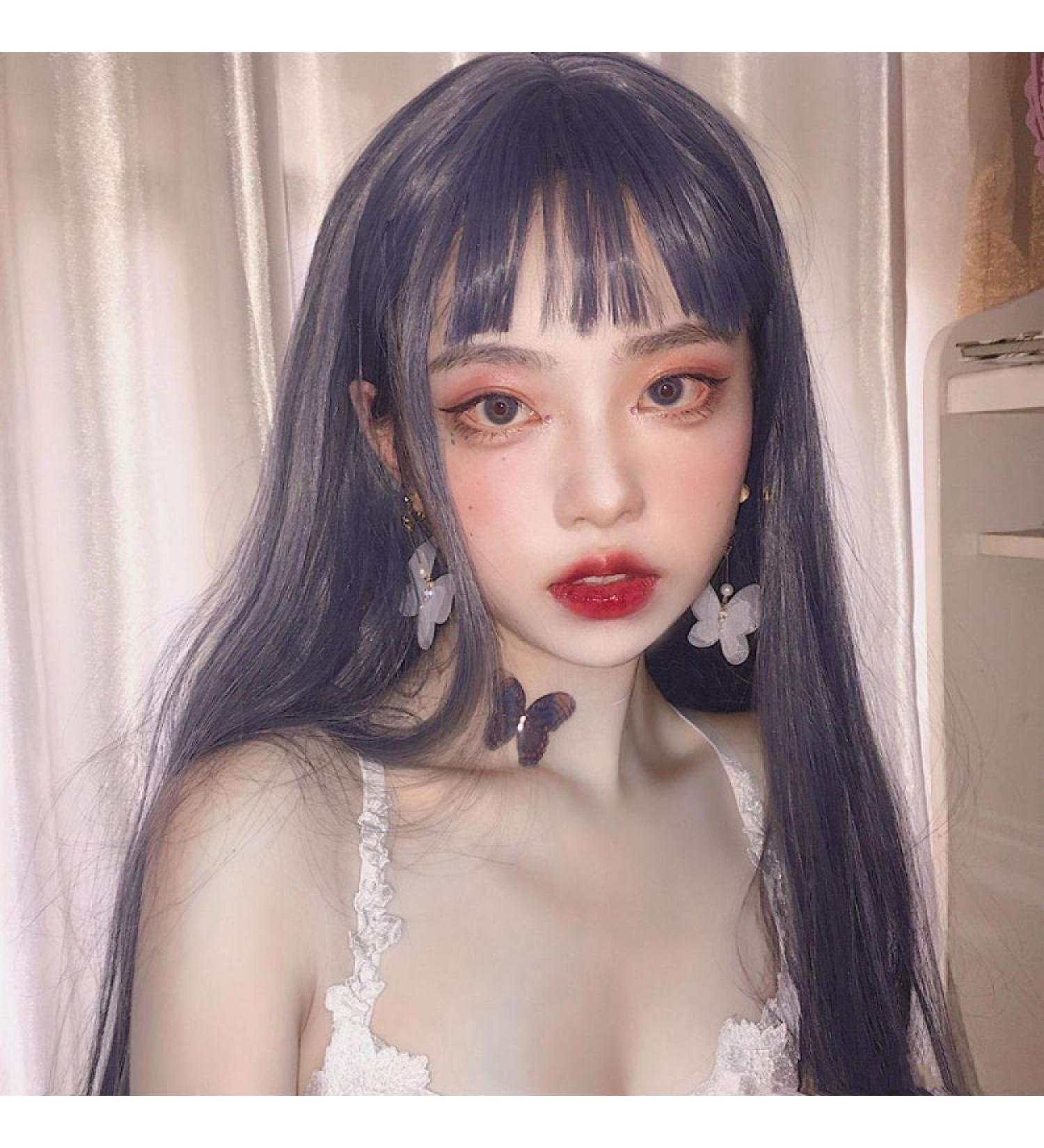 Wig for Women - Long Straight Hair with Air Bangs | Realistic Natural Look in Blue Gray & Creamy White | Full Head Style Cosplay & Everyday Wear - Buy Online on GoSupps.com