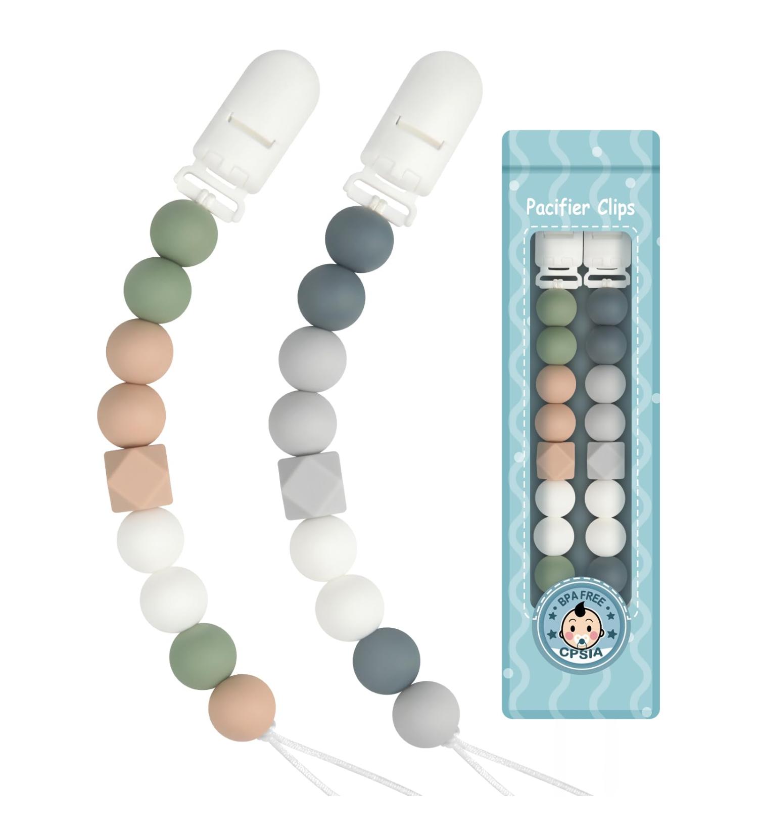 Kowlone Pacifier Chain for Girls - Silicone Dummy Clips & Holder 2-Pack (Gray & Green) - Perfect Baby Shower Gift - Buy Online on GoSupps.com