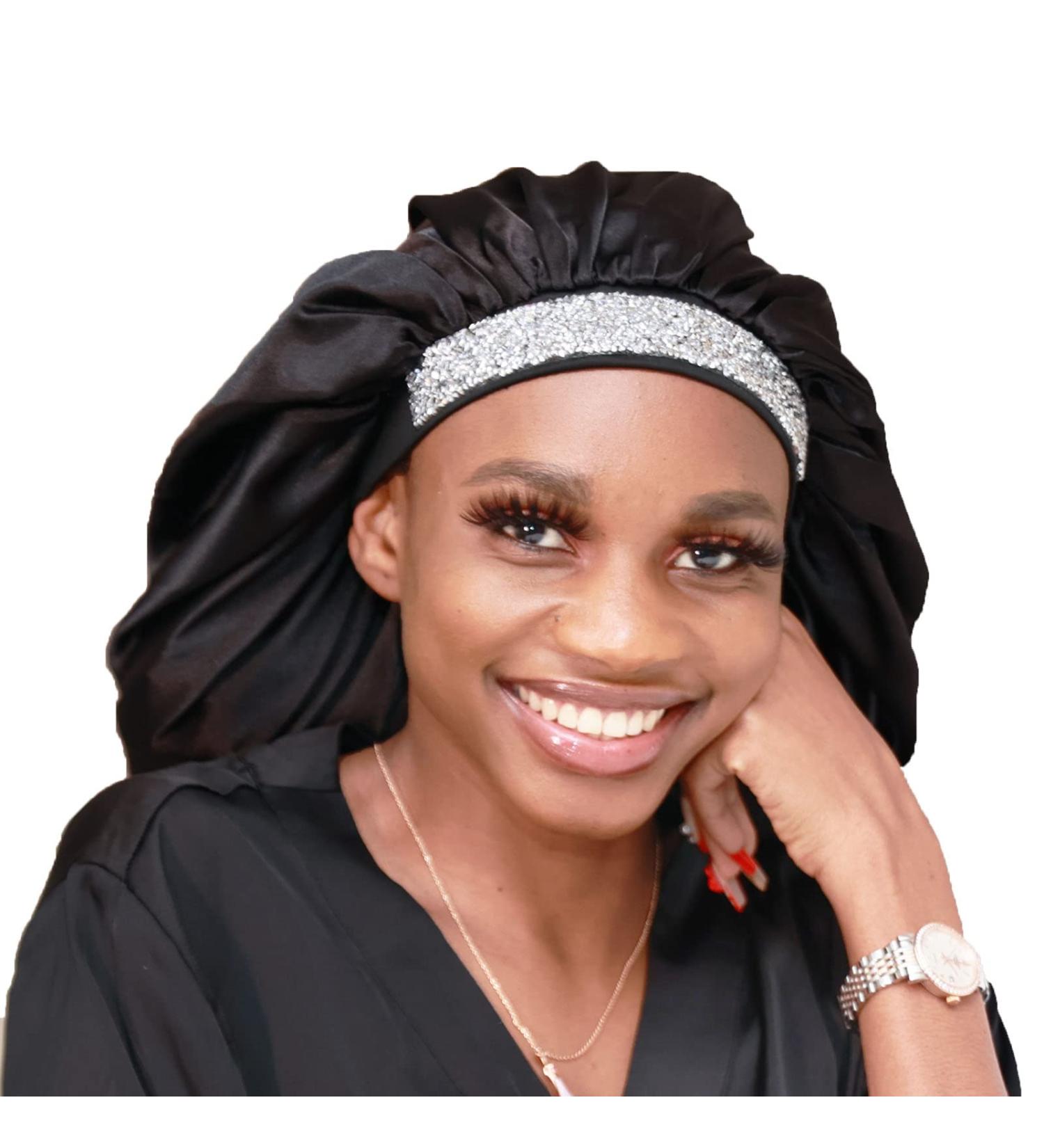 Satin Queen Bonnet with Rhinestones - Black Silk Sleep Cap for Women and Girls - Buy Online on GoSupps.com