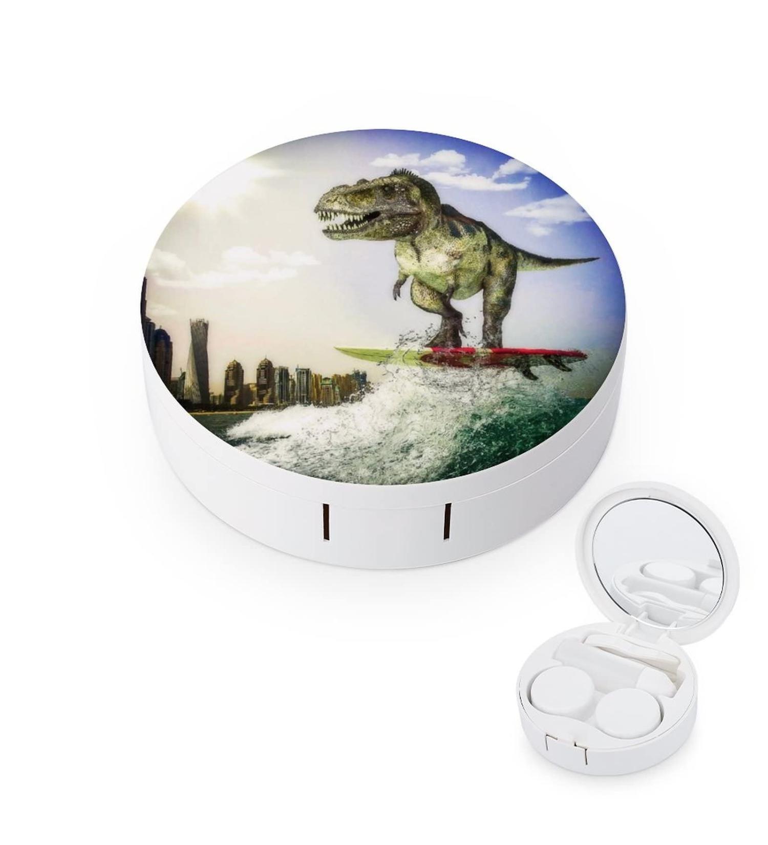 Dinosaur Surfer Round Case For Contact Lens Kit Storage Box with Mirror Printed - Buy Online on GoSupps.com