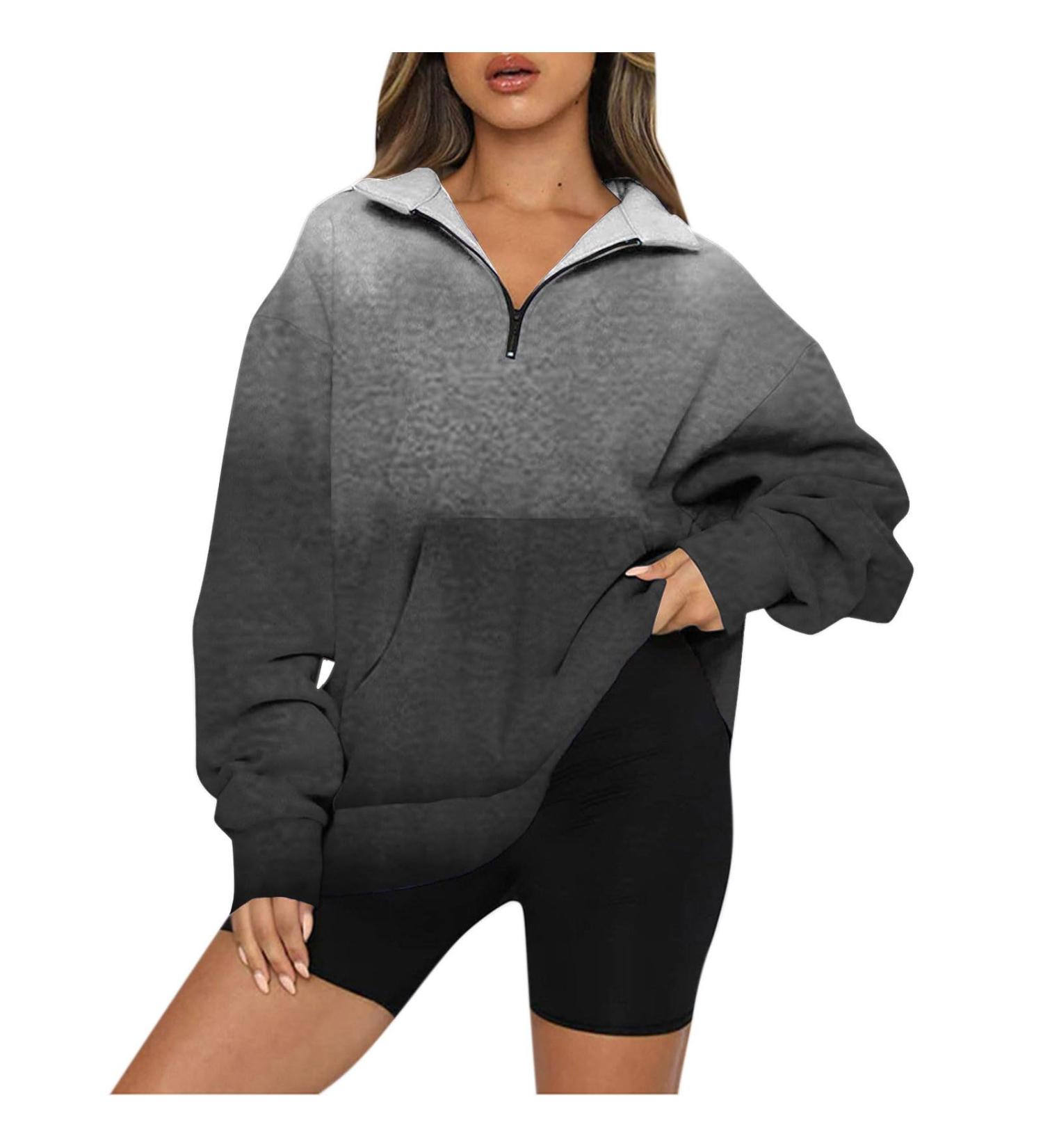 Creoqiji Oversize Women's Sweater Fashionable Long-Sleeved Zippered Gray Print | Casual Baggy XXL Clothing - Buy Online on GoSupps.com