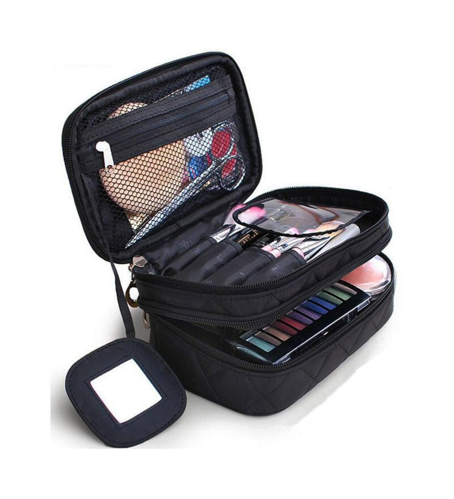 ONEGenug Double Layer Makeup Bag with Mirror - Stylish Black Cosmetic Bag for Women | 20x12x8 cm | International Shipping Available - Buy Online on GoSupps.com